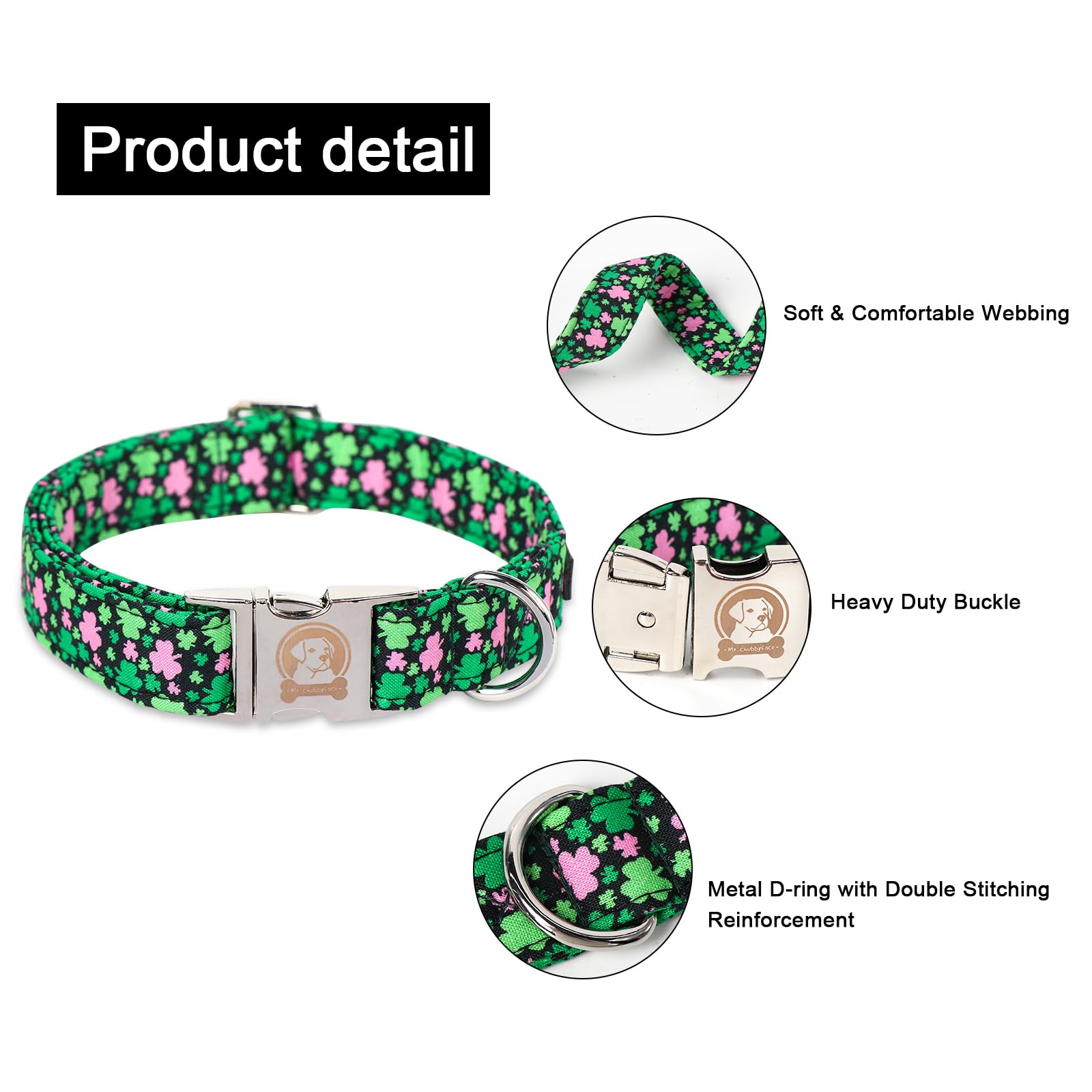 Mr. Chubbyface St.Patrick'S Clover Dog Collar, Green Clovers Shamrock Adjustable Dog Collar, Cute St.Patrick'S Collar For Small
