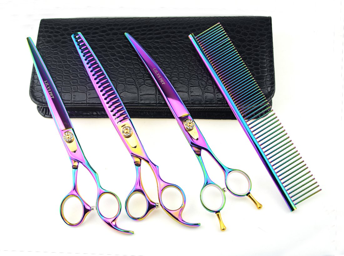 Lilys Pet High-End Series Japan 440C Stainless Steel Professional Pet Grooming Scissors Set,Rainbow Color,Cutting&Thinning&Two-Way Curved Shears Set (8.0')