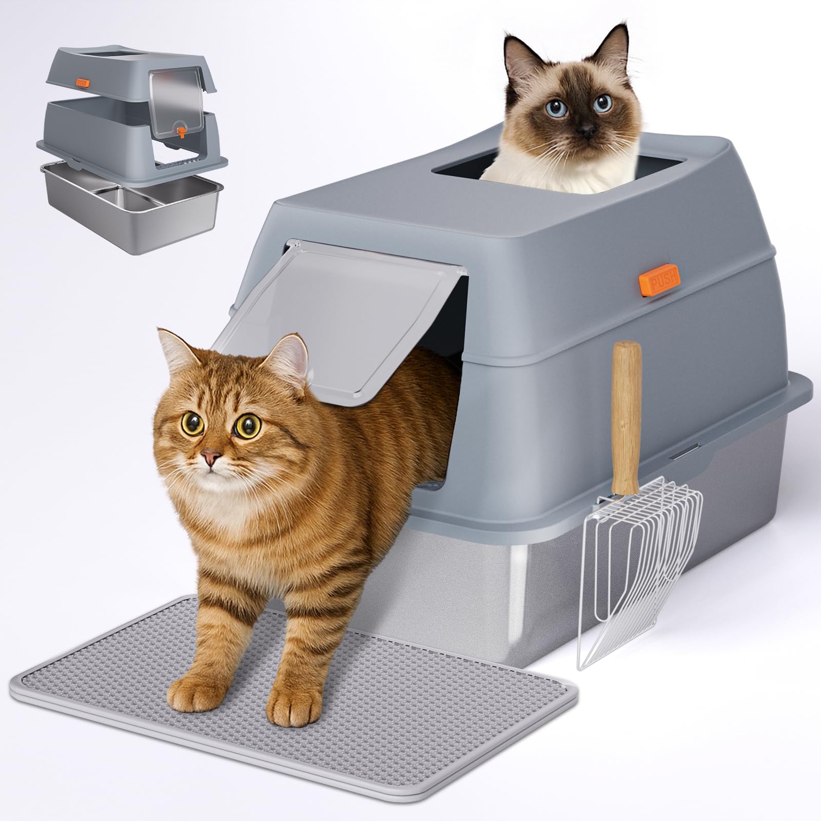 Stainless Steel Litter Box with Lid, 8    Deep Pan, Extra Large Litter Box for Big Cats, Anti-Leakage, Odor Free, Front & Top Du