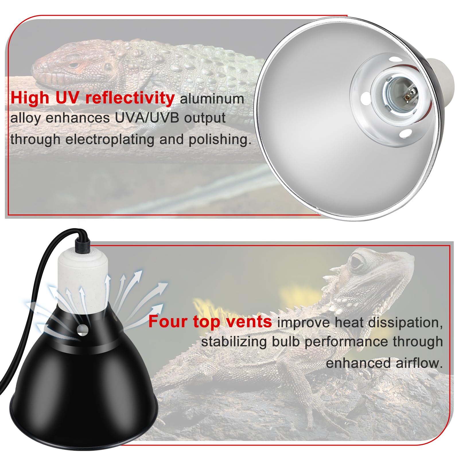 BOEESPAT Reptile Lamp Fixture - 5.5" Deep Dome, White, Aluminium Alloy, Compatible with 60W-150W Heat Bulbs, Switch Included