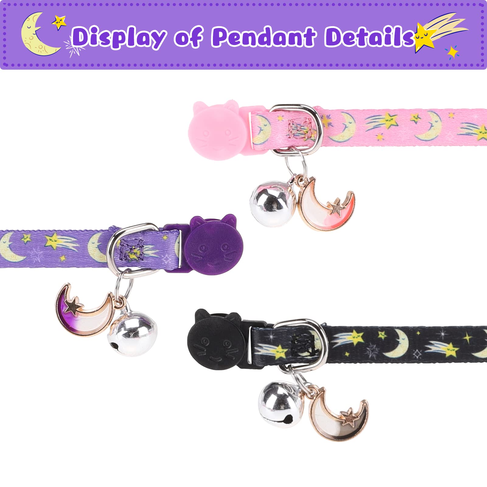 Vkpetfr Breakaway Cat Collars With Bell & Cute Pendants, 3 Pack Safety Buckle Kitten Collars, Adjustable Pet Collar Ideal For Gi