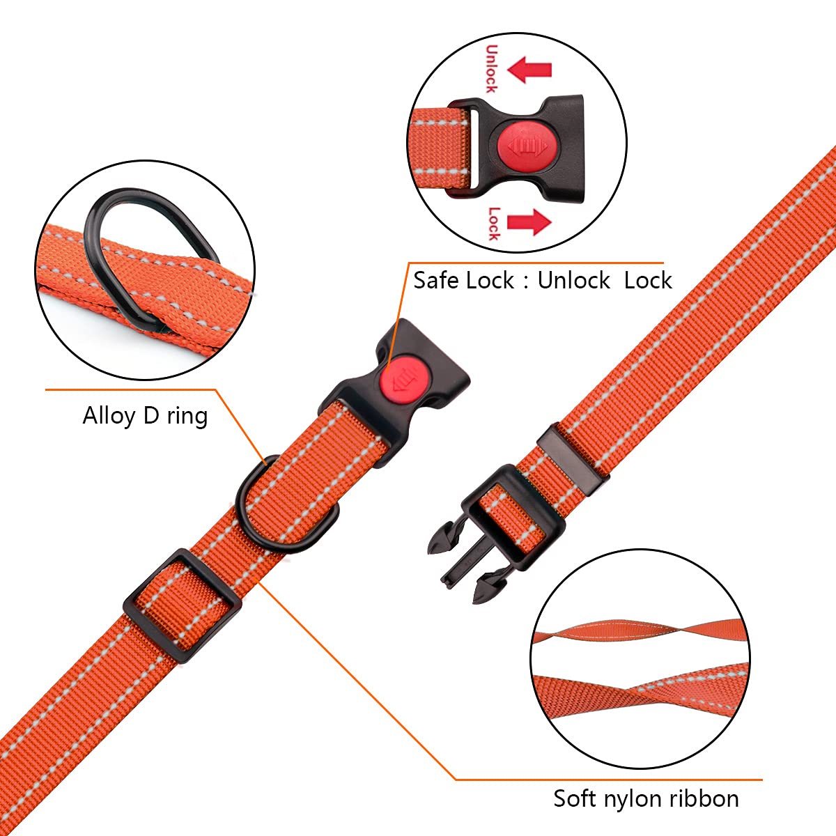 Reflective Dog Collar And Leash Set With Safety Locking Buckle Nylon Pet Collars Adjustable For Small Medium Large Dogs 3 Sizes(Orange&L)