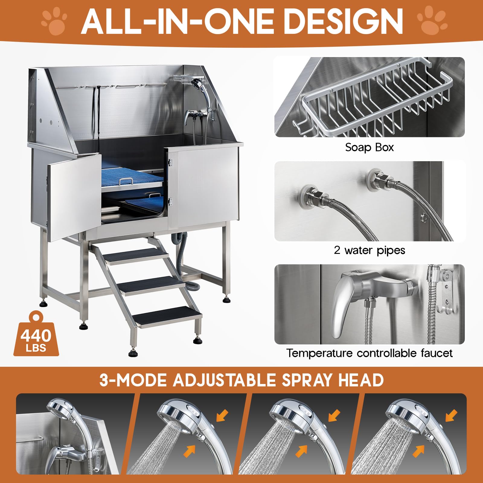 Albott 50-Inch Stainless Steel Dog Washing Station With Anti-Slip Steps, Sprayer, Faucet, And Soap Box - Professional Pet Bathtu