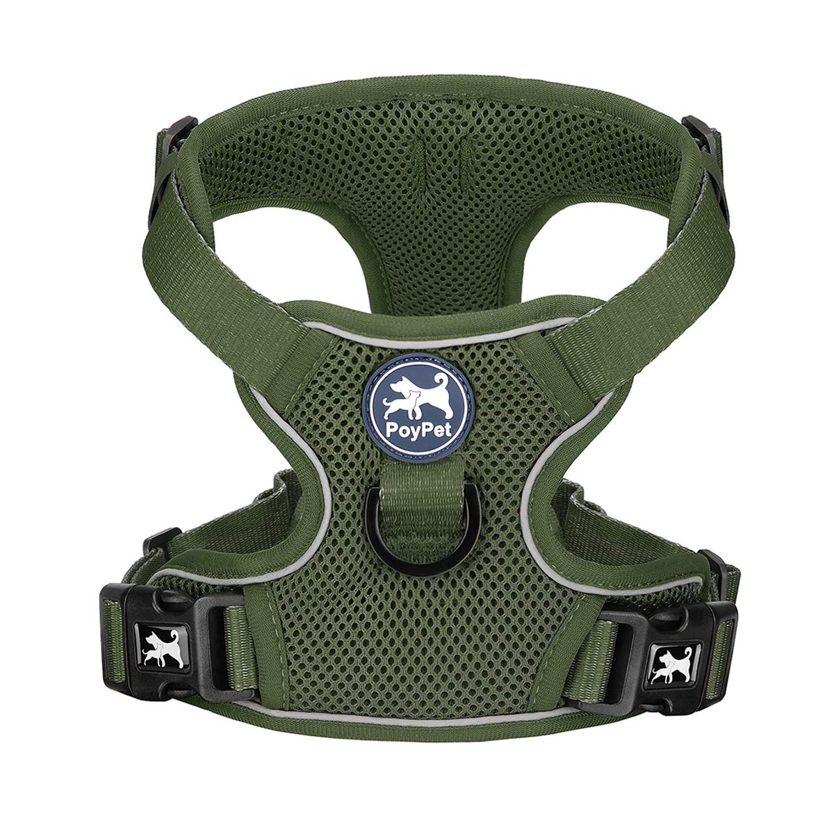 Poypet Reflective Soft Breathable Mesh Dog Harness Choke-Free Double Padded Vest With Adjustable Neck And Chest(Military Green,M