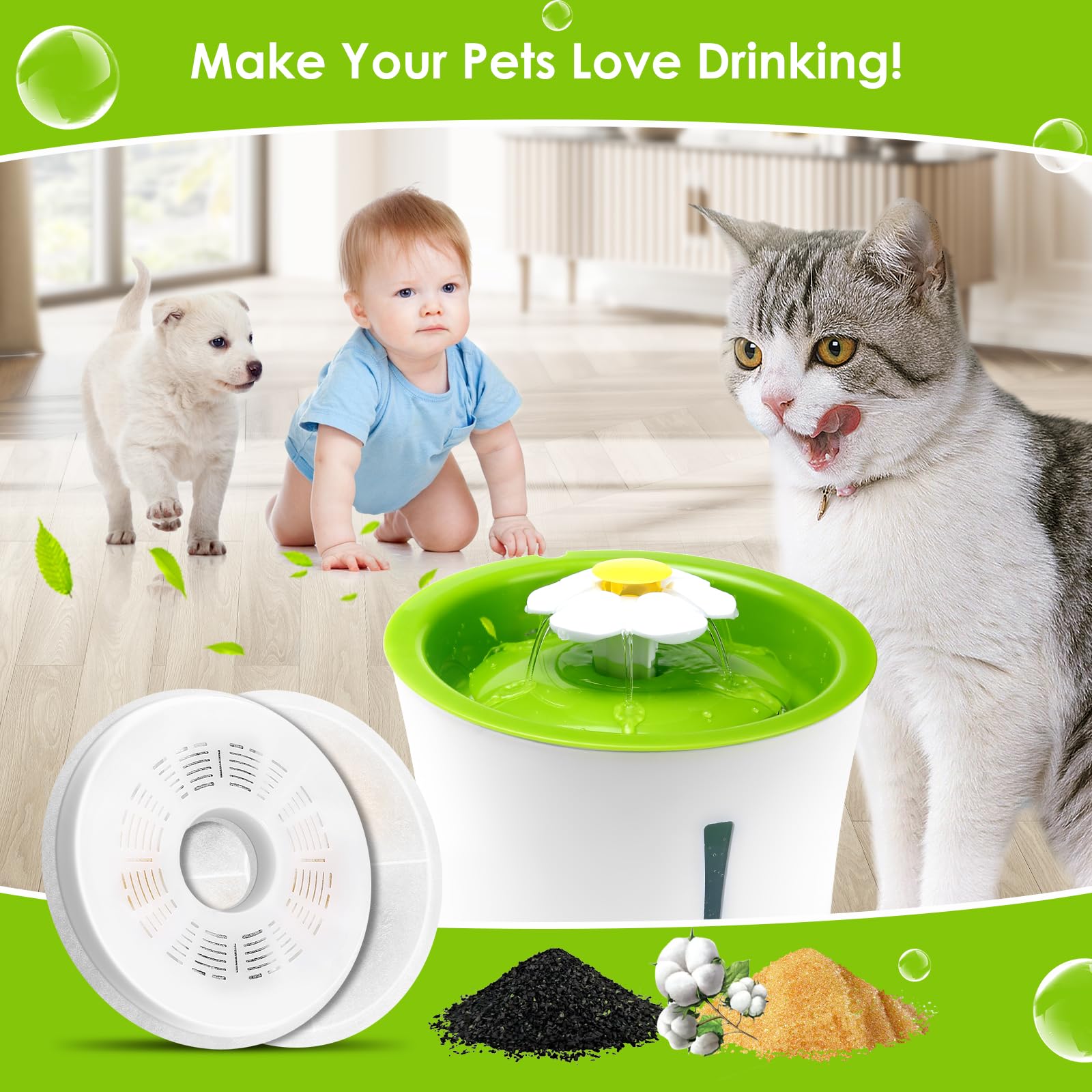 Cat Water Fountain Filters, 6 Pack Triple Action Water Fountain Filters, Replacement Cat Drinking Fountain Filters, Activated Carbon Filter Compatible With 3L Flower Pet Water Dispenser Fountain