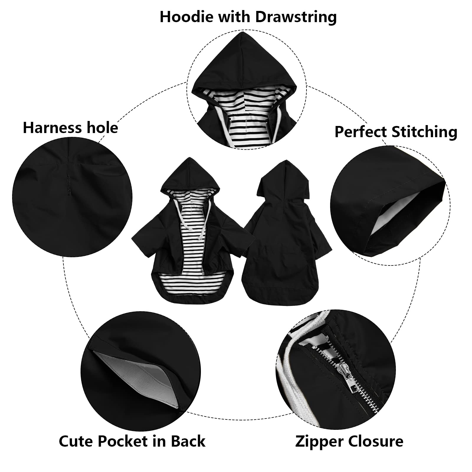 Dog Raincoat Waterproof Puppy Rain Jacket With Hood For Small Medium Dogs, Poncho With Reflective Strap, Storage Pocket And Harness Hole - Black - Xl