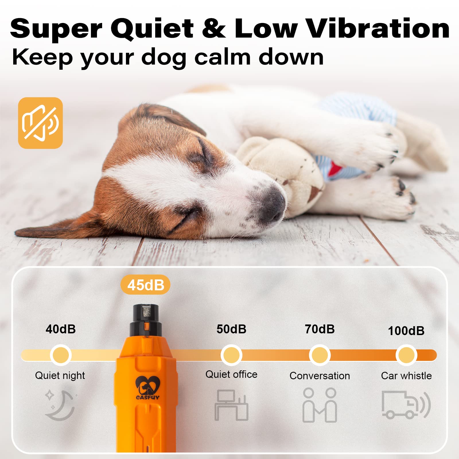 Casfuy 6-Speed Dog Nail Grinder - Newest Enhanced Pet Nail Grinder Super Quiet Rechargeable Electric Dog Nail Trimmer Painless Paws Grooming & Smoothing Tool For Large Medium Small Dogs (Orange)