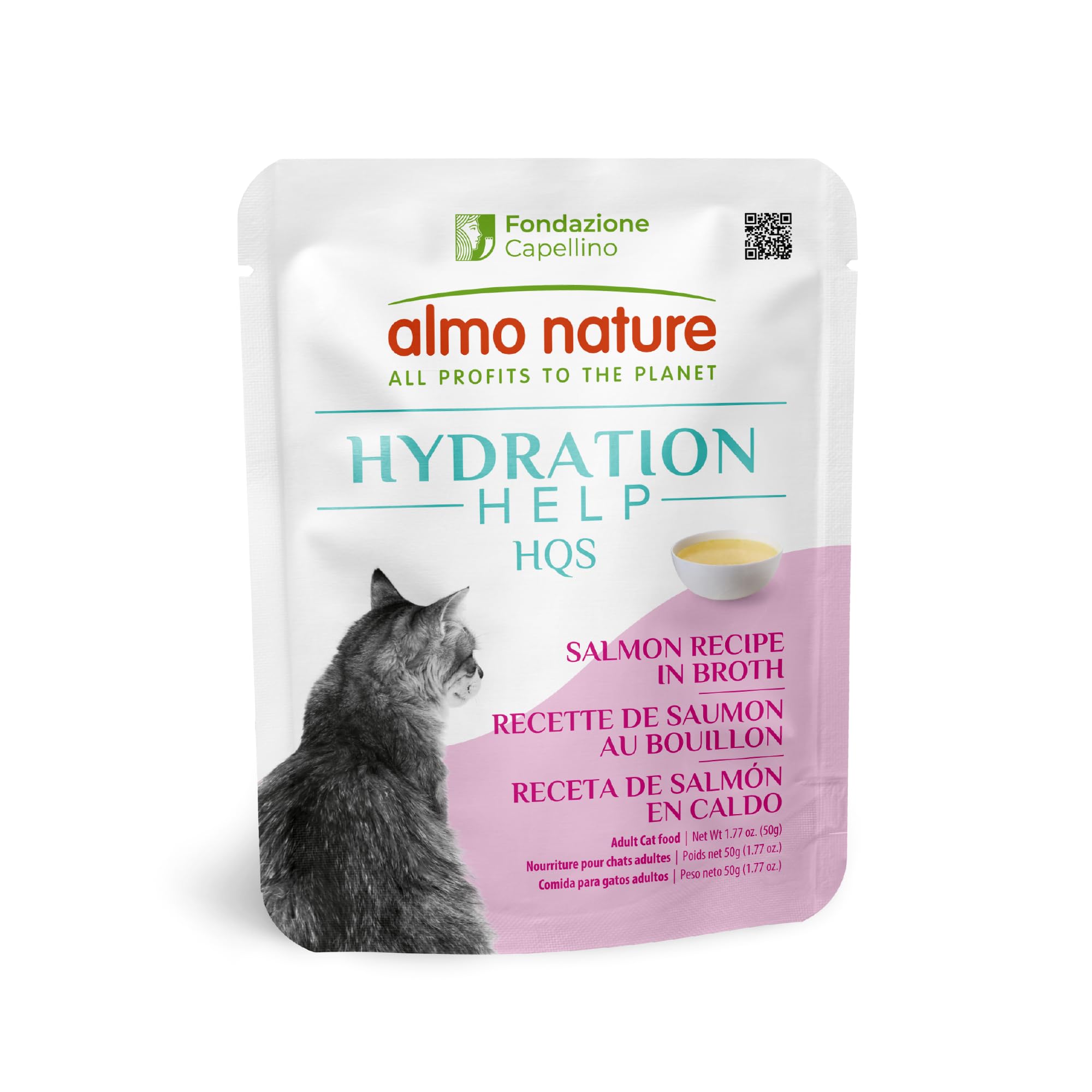 almo nature HQS Hydration Help - Wet Cat Food - Salmon Broth with Salmon Fillet, Flake and Broth - Pouches, 1.77oz (Pack of 12)