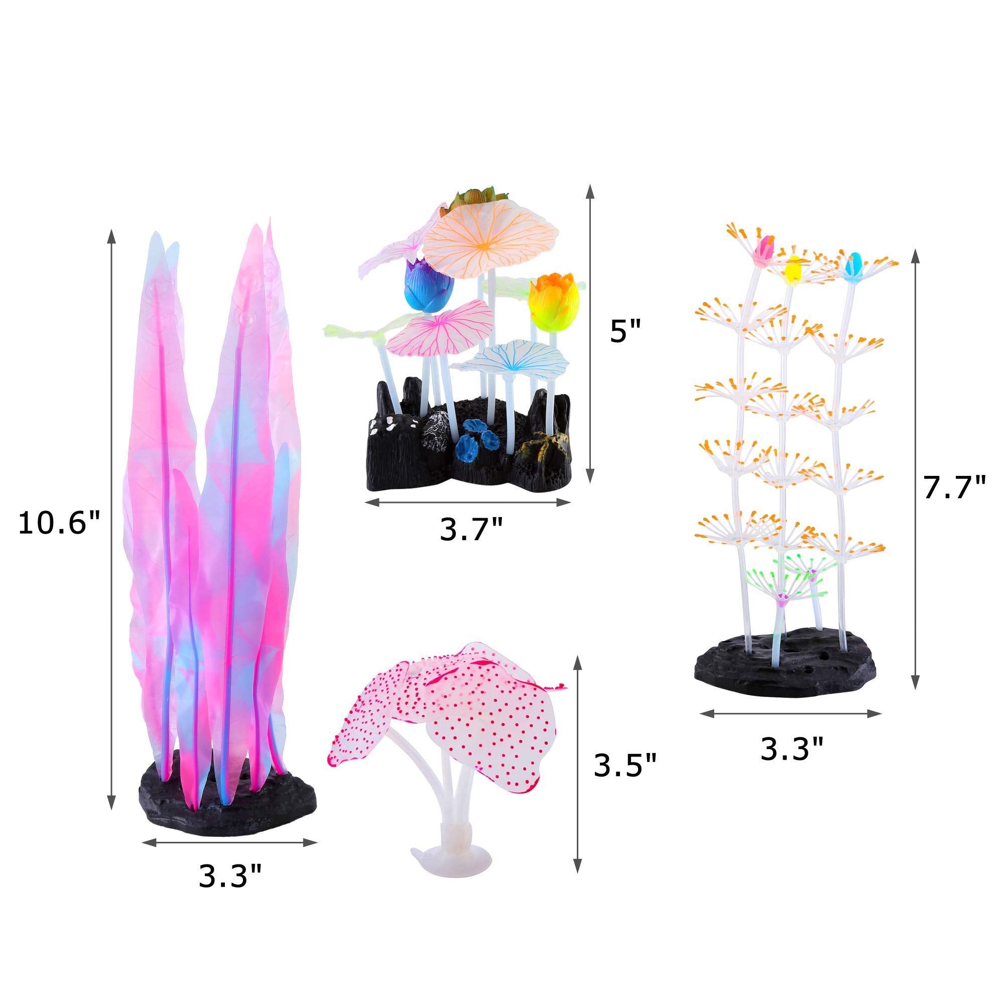 Lpraer 4 Pack Glow Aquarium Decorations Coral Anemone Lotus Leaf Seaweed Simulation Glow Plant Glowing Effect Silicone for Fish