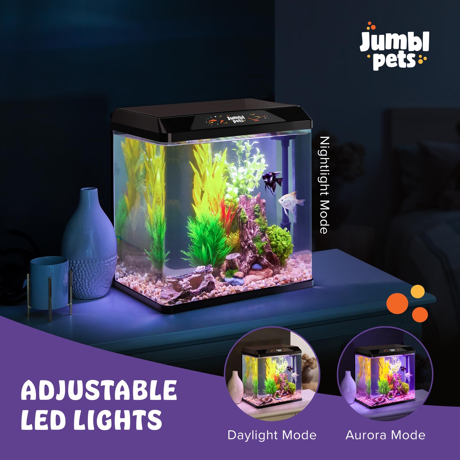 JumblPets Starter Fish Aquarium Kit, 2 Gallon, Complete Beginner Glass Fish Tanks Set with LED Lighting, Internal Filtration Sys