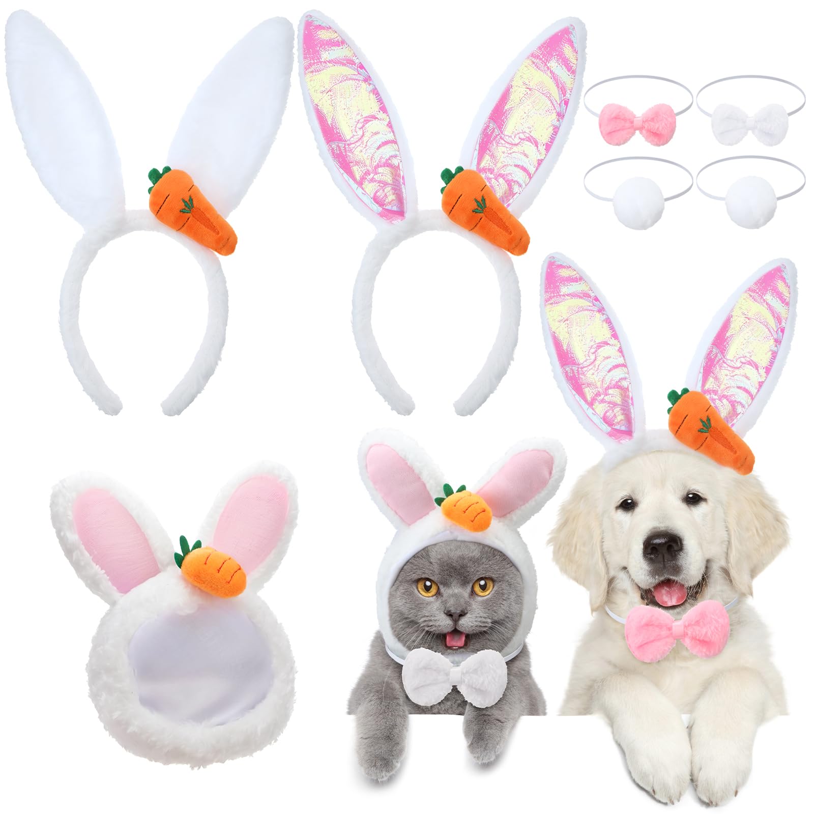 Weewooday 3 Set Dog Bunny Ears Easter Costume, Dog Headband Cat Rabbit Ear Hat Cute Pet Bow Collar Puppy Plush Tail For Pet East