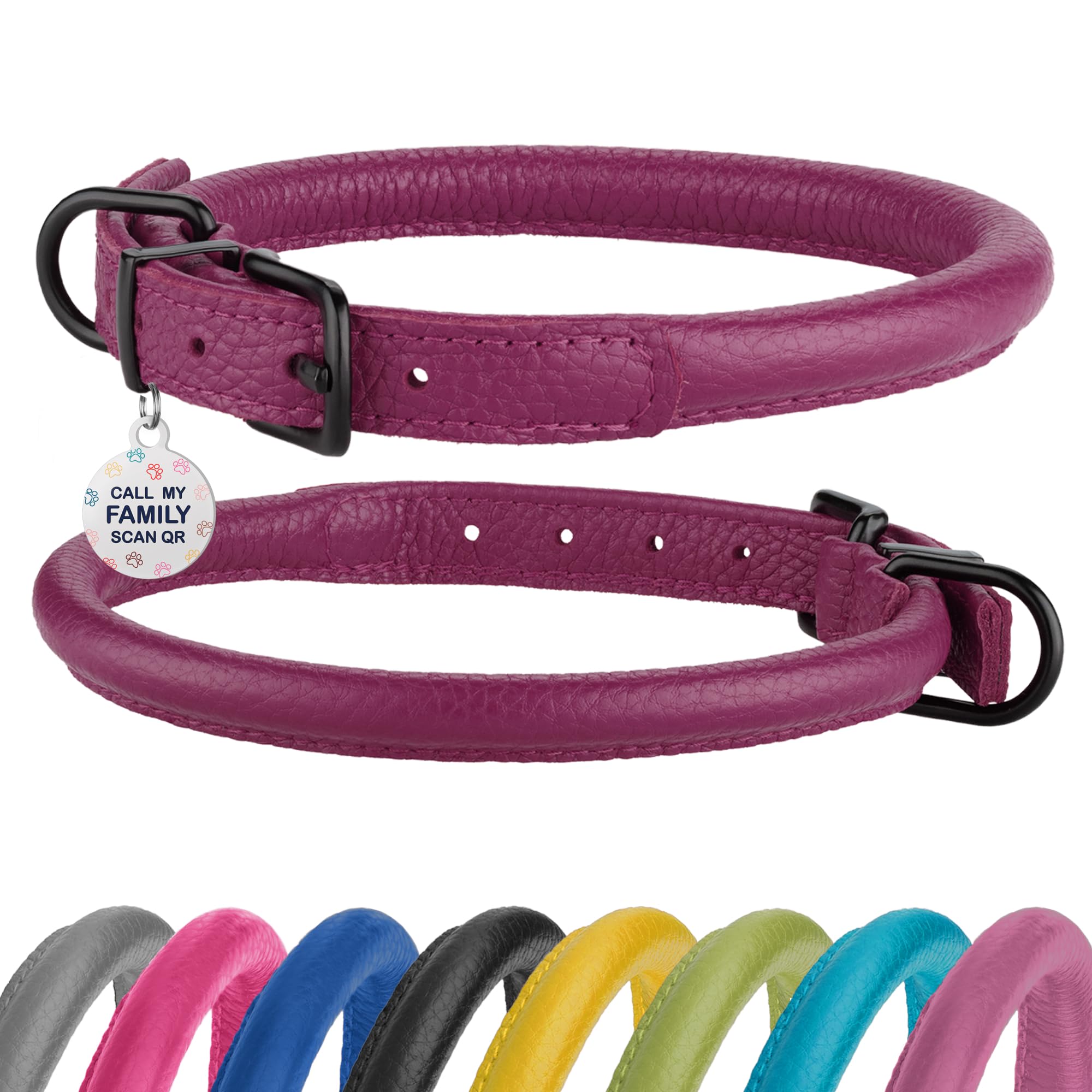 Rolled Leather Dog Collar Soft Round Collars, Id Tag For Small Medium Large Dogs (11-14 Inch, Pink Berry)