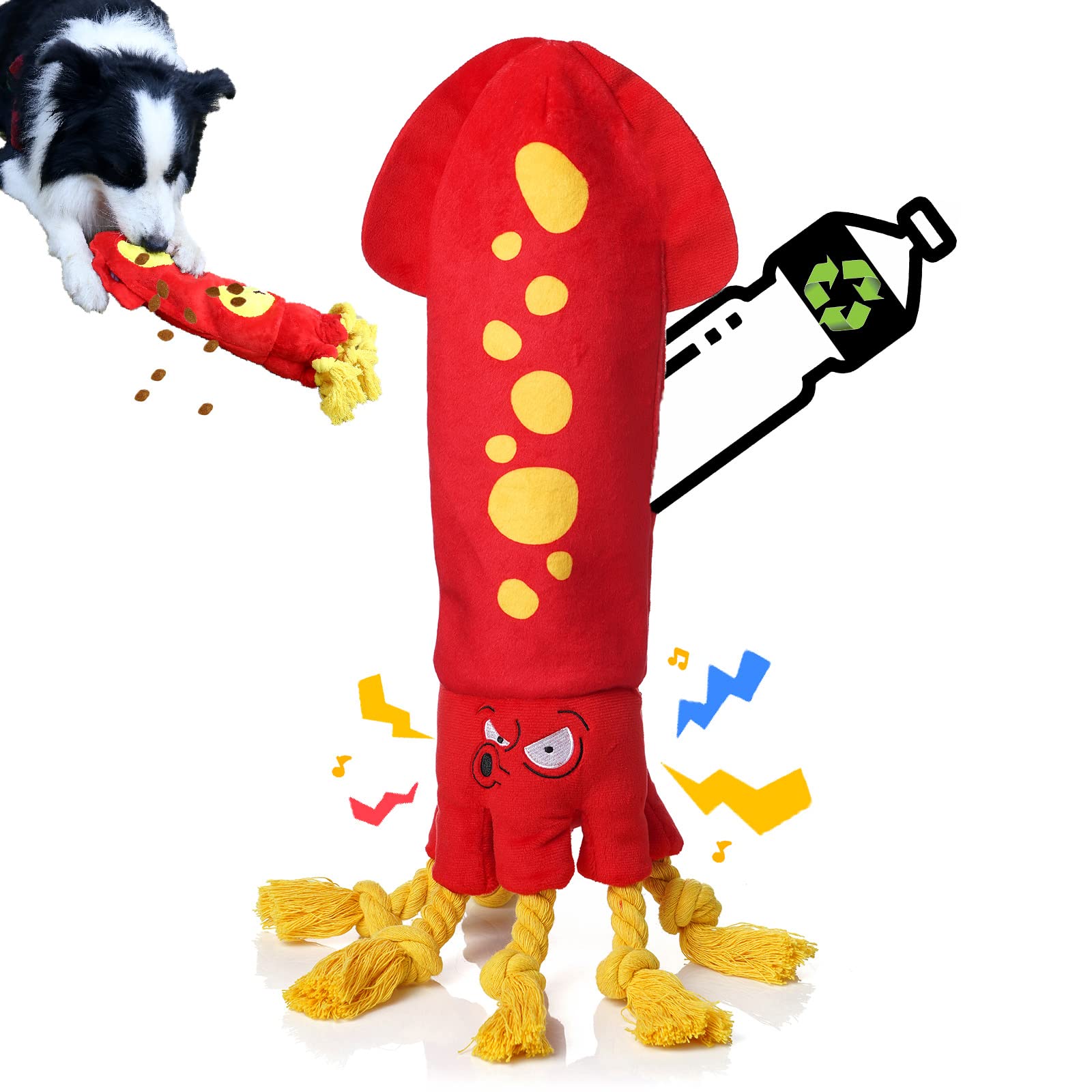 Water Bottle Dog Toys - Dog Puzzle Squeaky Enrichment Treat Dispensing Rope Snuffle Plush Toys,No Stuffing Chew Durable Soft Tee