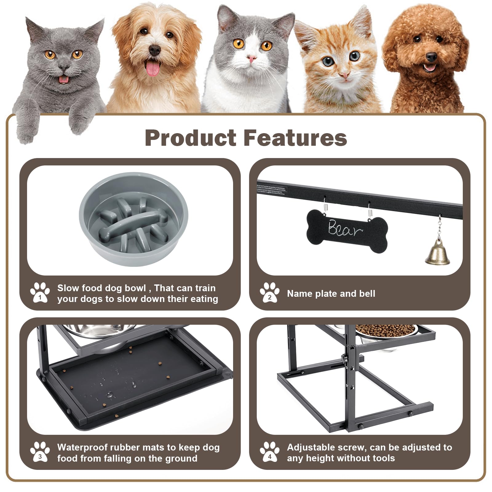 Elevated Slow Feeder Dog Bowls - Raised For Large Dogs, Adjustable Height, 2 Stainless Steel Bowls, Spill Proof Mat, Grey