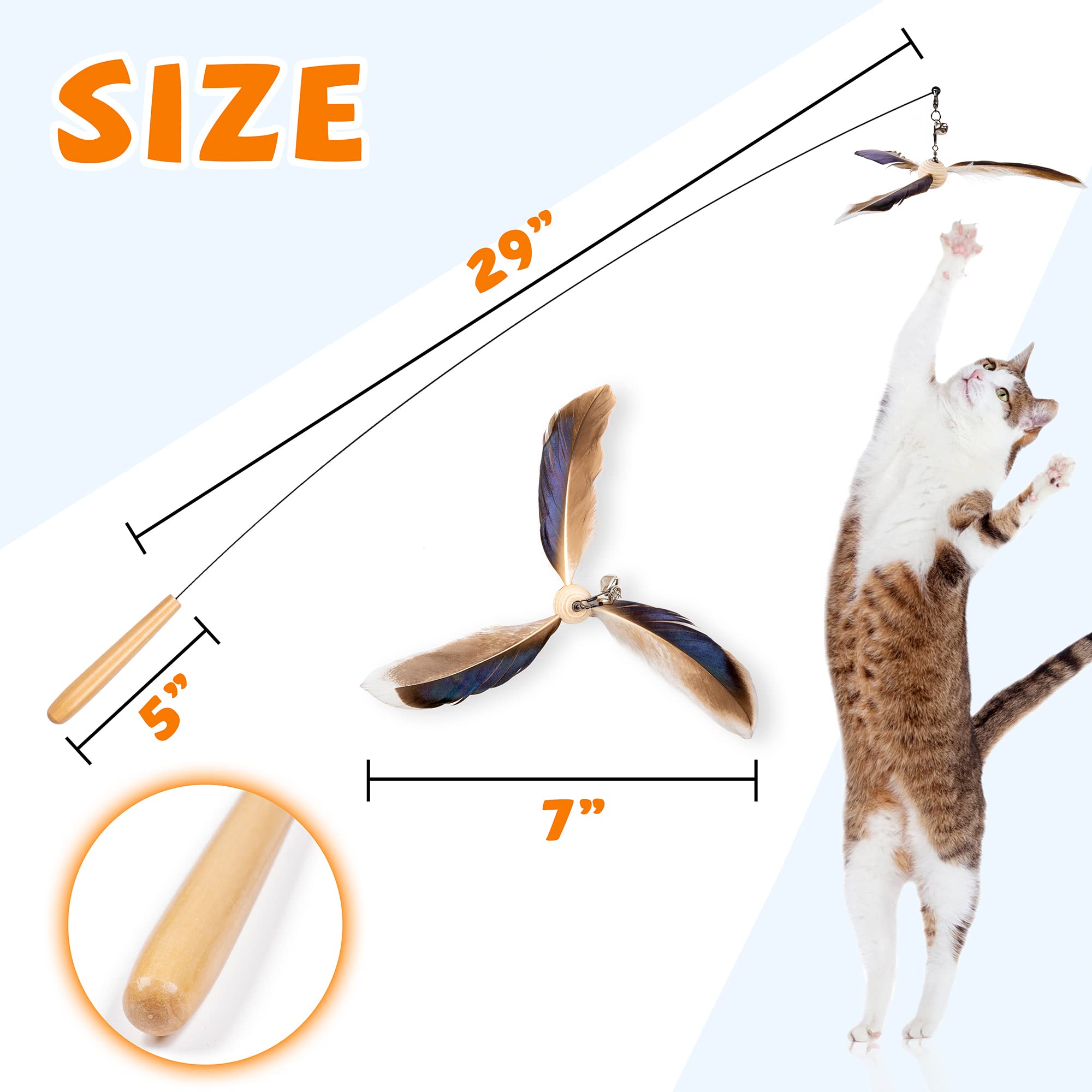 Jxfukal Cat Wand Toys, Interactive Cat Toys With 3 Feather Refills, 29'' Flexible Steel Wire, Sturdy Wood Handle & Bell For Kitty Kitten, Cat Toys For Indoor Cats Cat Teaser Cat String Toy