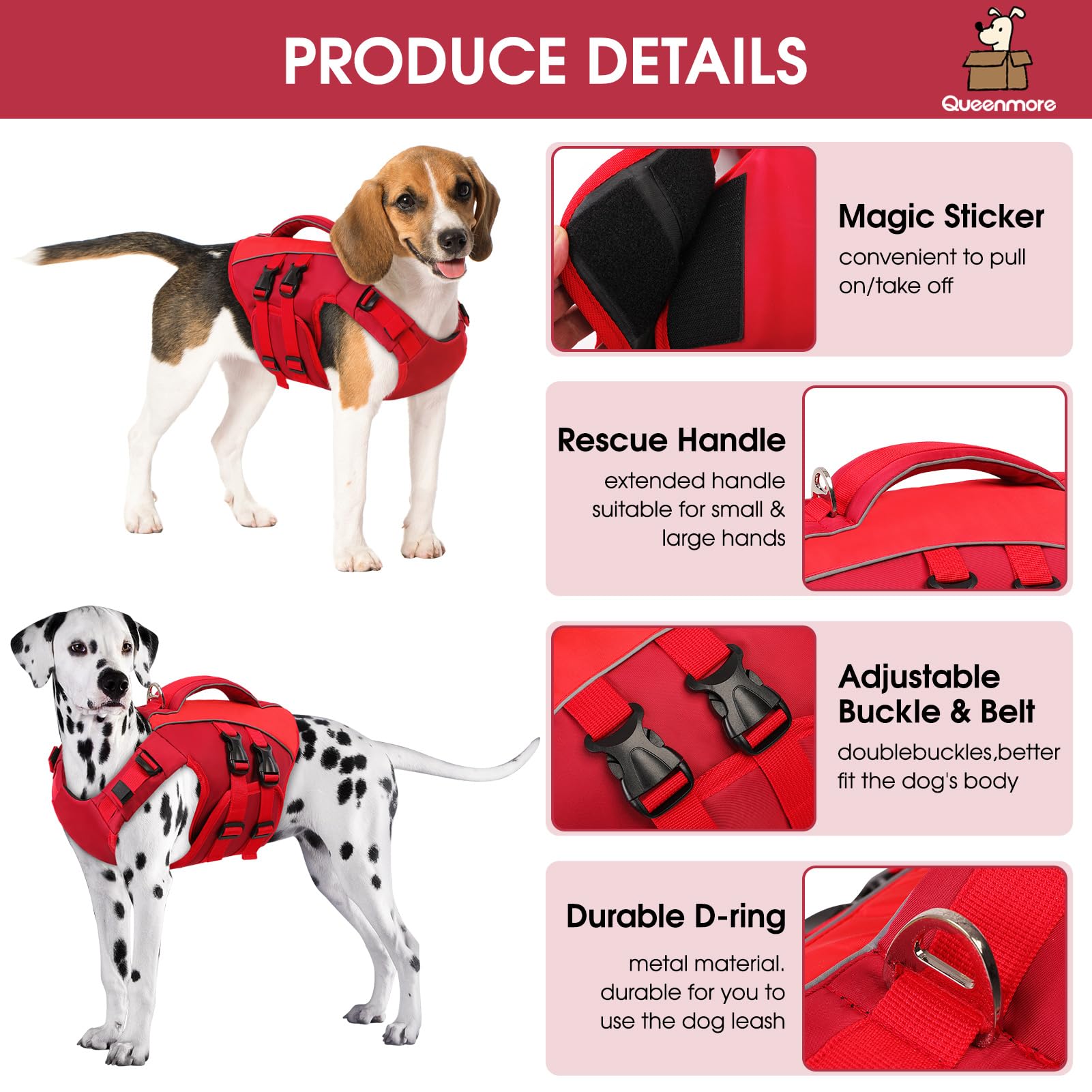 Queenmore Dog Life Jacket,Life Vest For Extra Large Dogs,Adjustable Reflective Dog Swimming Vest,Superior Buoyancy Dog Lifesaver