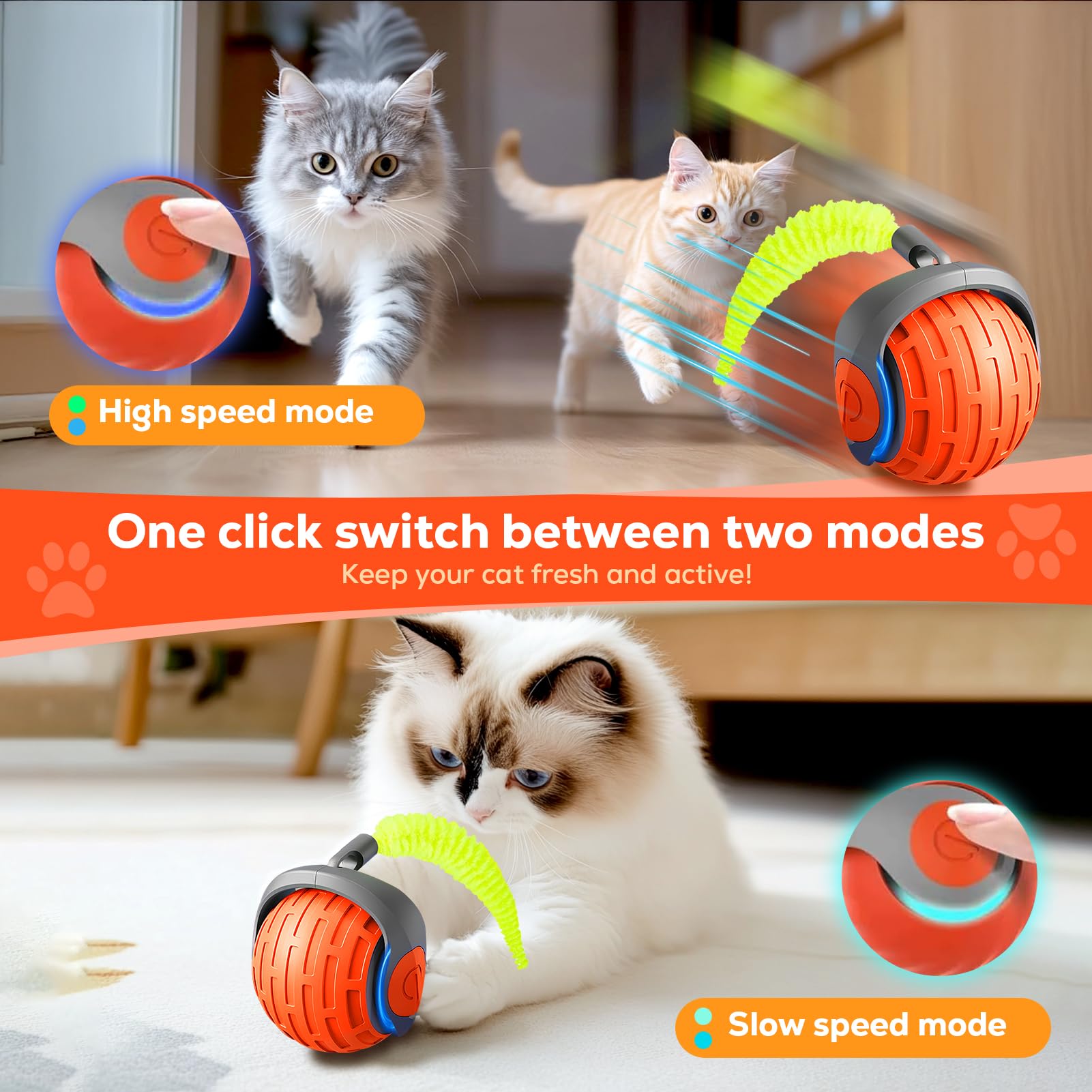 Elodsa 2025 New Interactive Cat Ball Toy, Automatic Moving Cat Balls For Indoor Cats, 360 Rotating Ball Toy, Orange