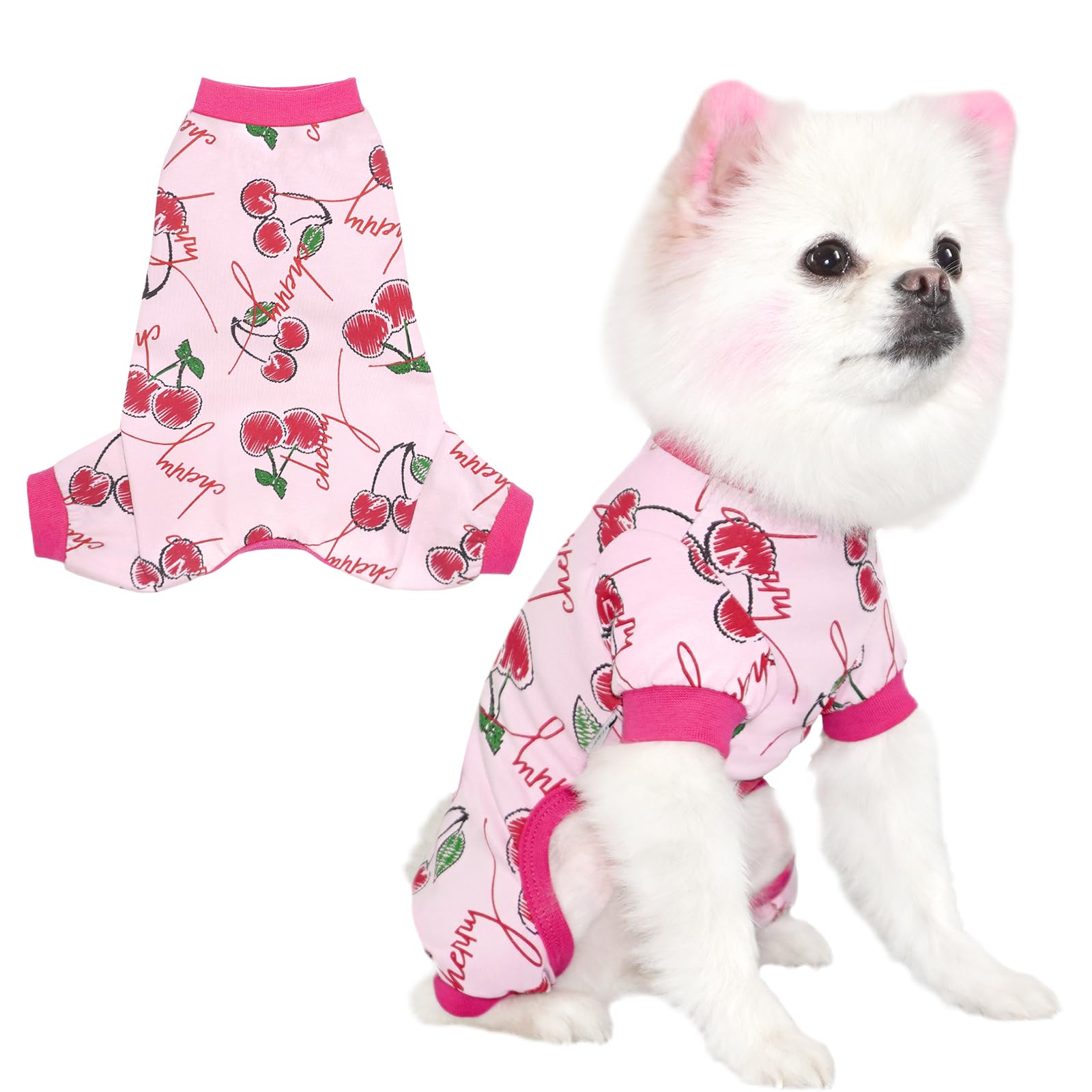 Tony Hoby Dog Pajamas, 4 Ledgged Dog Shirt, Soft Comfortable Dogs Jumpsuit Clothes For Small Medium Dogs (Cherries, L)