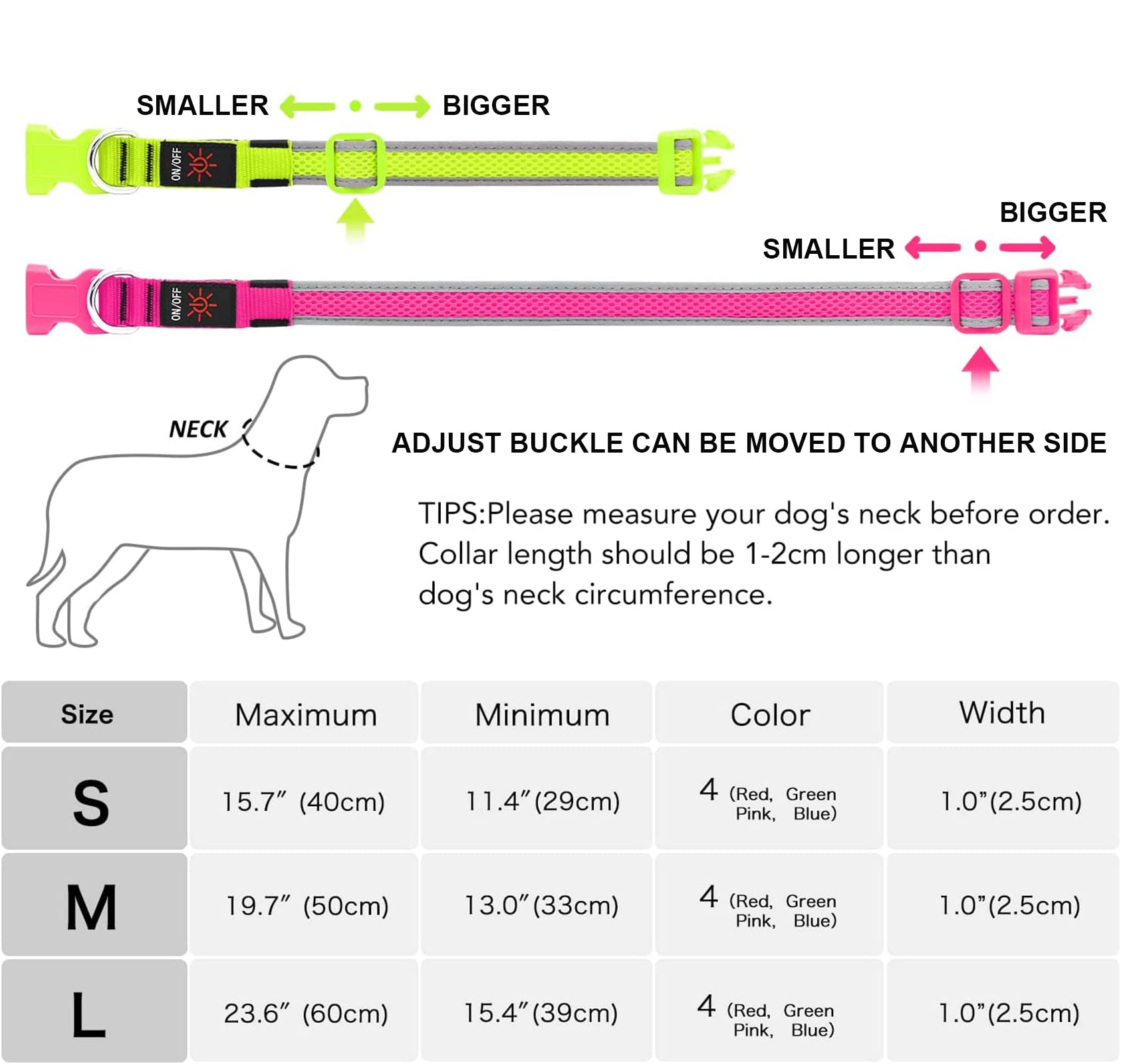 Domagiker Glowing Led Dog Collar - Rechargeable Light Up Dog Collars, Adjustable Lighted Dog Collar, Reflective Dog Glow Collar Walking Lights For Large Dogs (Pink, Large)