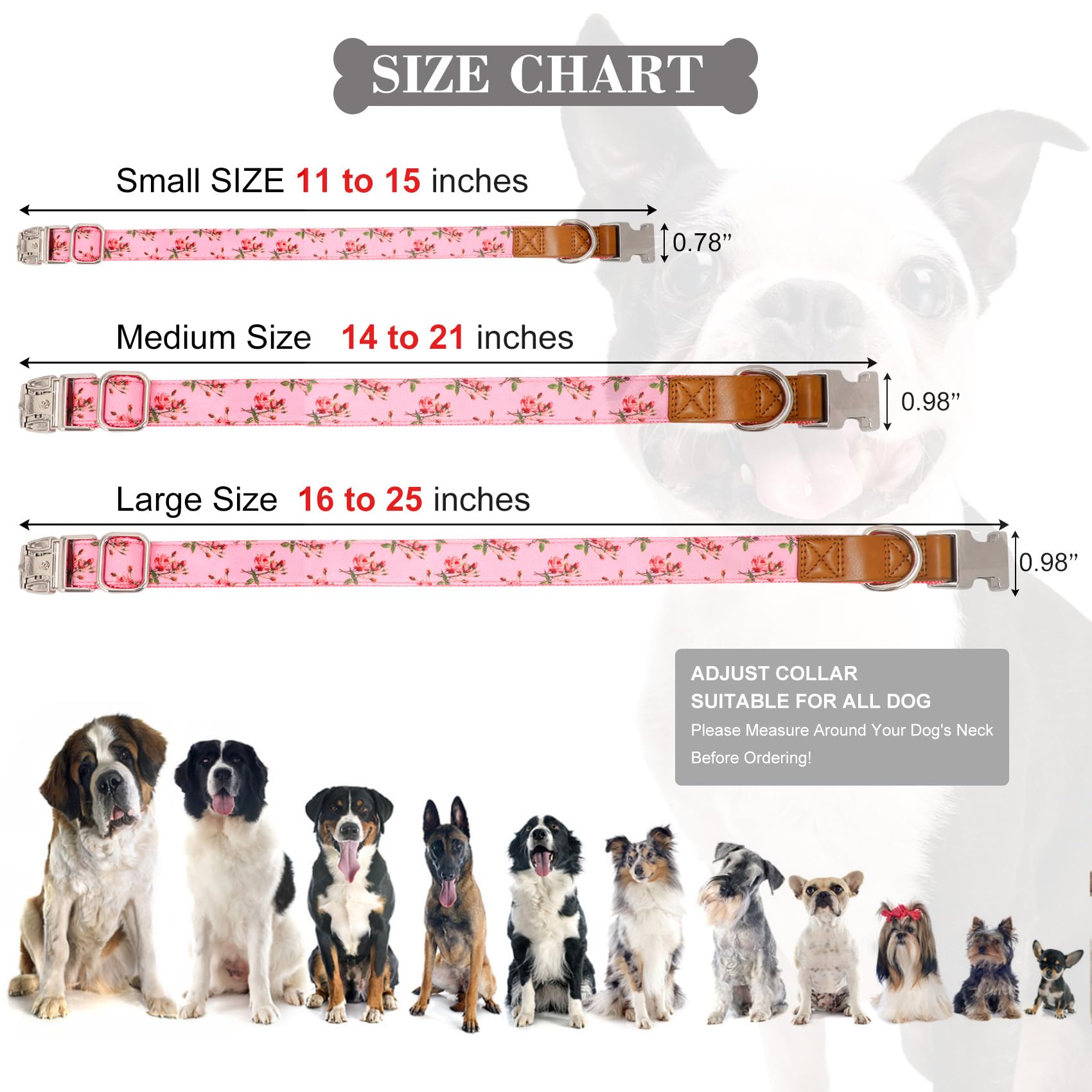 Whippy Floral Dog Collar With Quickly Release Metal Buckle Adjustable Cute Pink Rose Collars For Large Medium Small Breeds