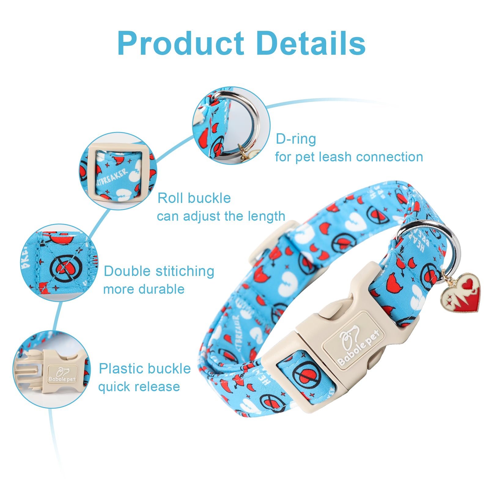 Babole Pet Valentines Dog Collar, Blue Heart Dog Collar, Cute Loving Heart Printed Collar with Quick Release Plastic Buckle for