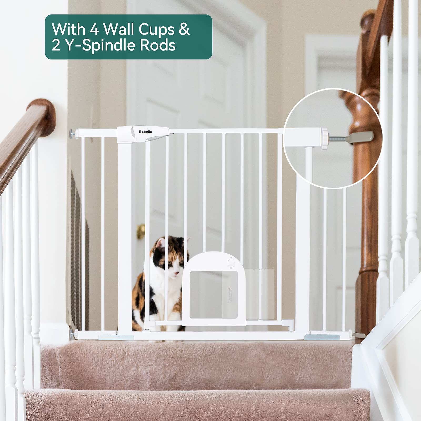 Babelio 36' Tall Upgraded Baby Gate With Cat Door, 29-43' Auto Close Durable Dog Gate For Stairs, Doorways And House, Easy Walk Thru Safety Gate With Pet Door Includes 4 Wall Cups, White