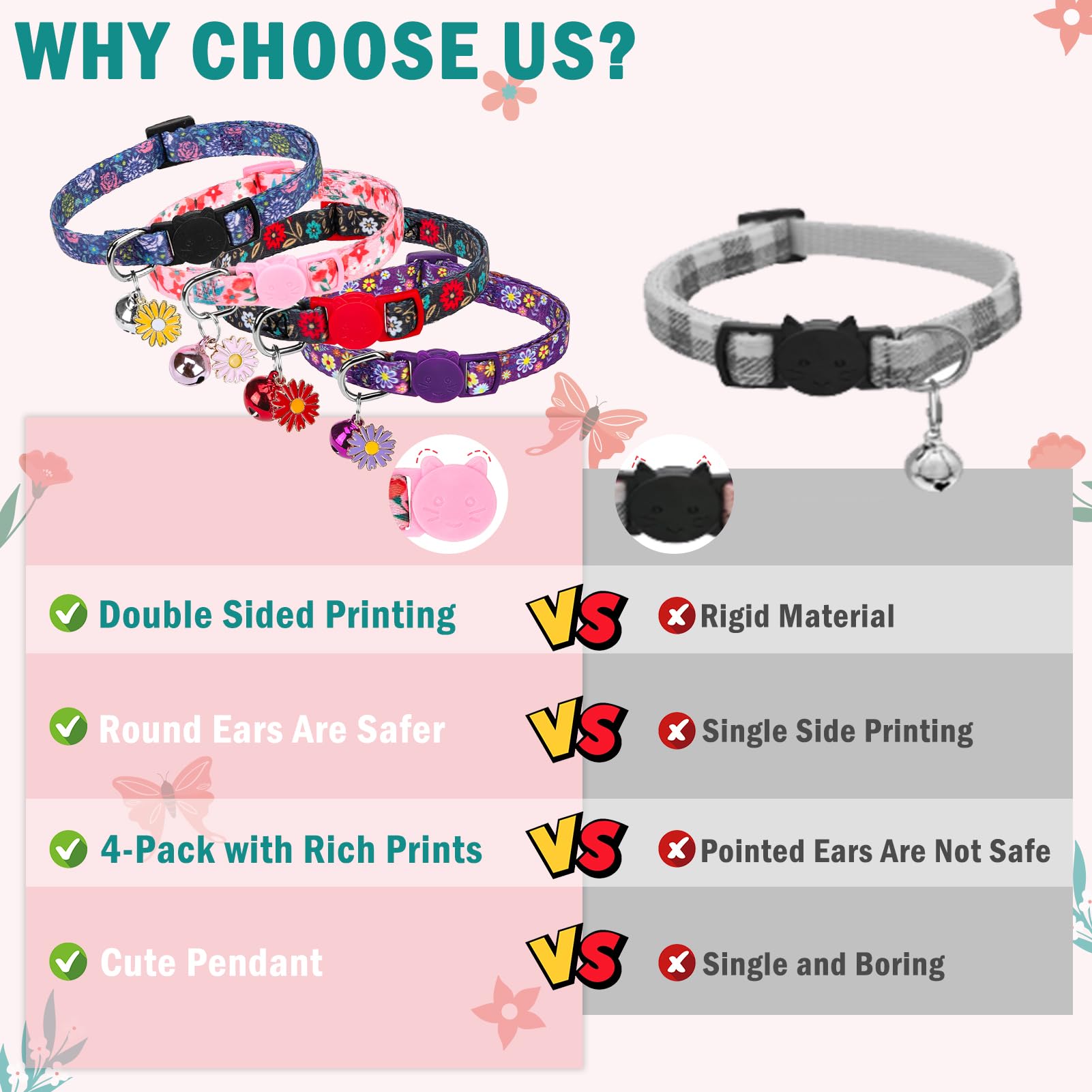 Scenereal Cute Cat Collars With Bells Breakaway, 4 Pack Floral Daisy Pendant Spring Summer Pet Collar For Girl Boy Cats, Adjusta
