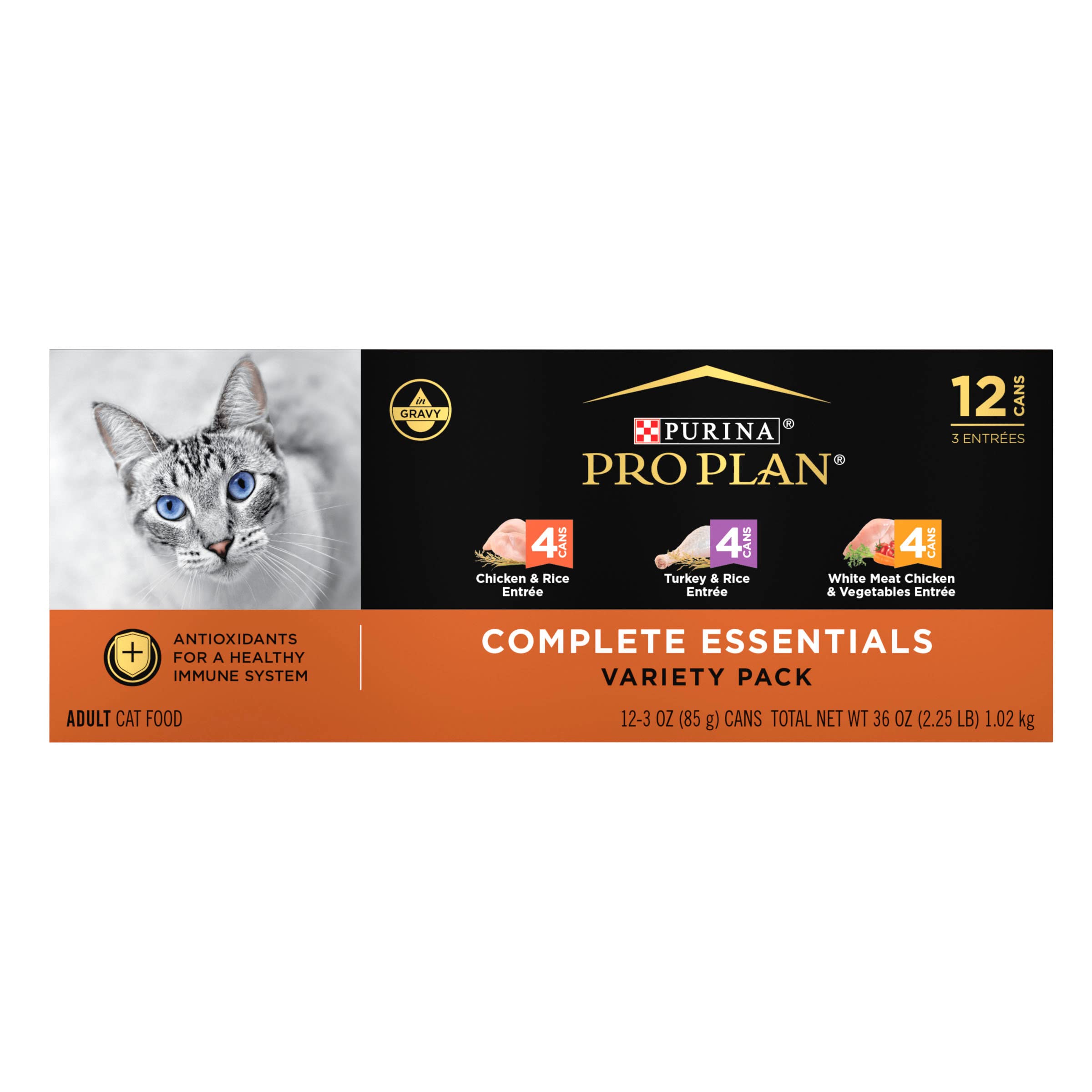 Purina Pro Plan Gravy, High Protein Wet Cat Food Variety Pack, Complete Essentials Chicken and Turkey Favorites - (2 Packs of 12