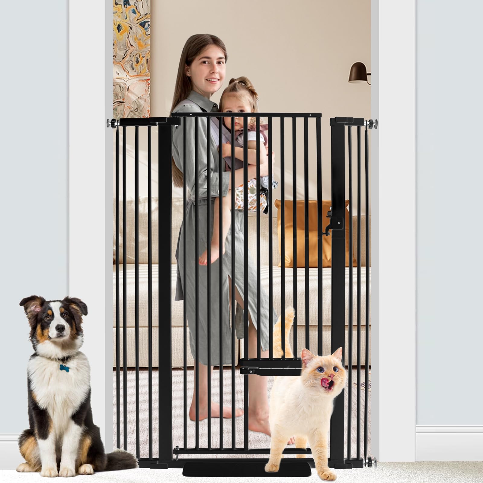 SHYUJAJIE 55 Inch Extra Tall Pet Gate with Small Cat Door, Adjustable 29.55 and -40.55 Wide Baby Gate, Tall Dog Gates for Doorwa