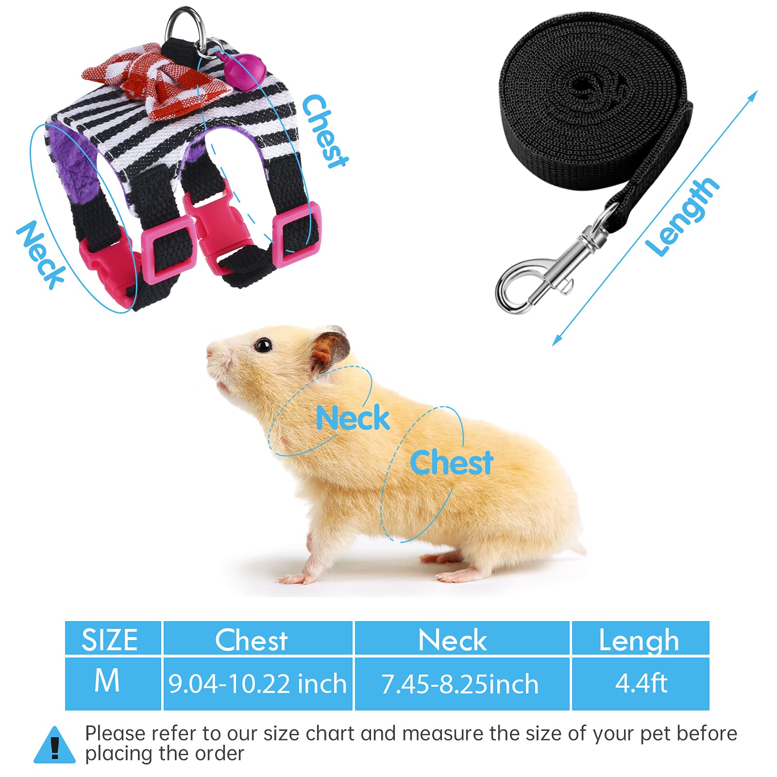 2 Pieces Hamster Harness and Leash Set for Walking, Small Guinea Pig Clothes with Bowknot Bell, No Pulling Comfort Padded Vest S