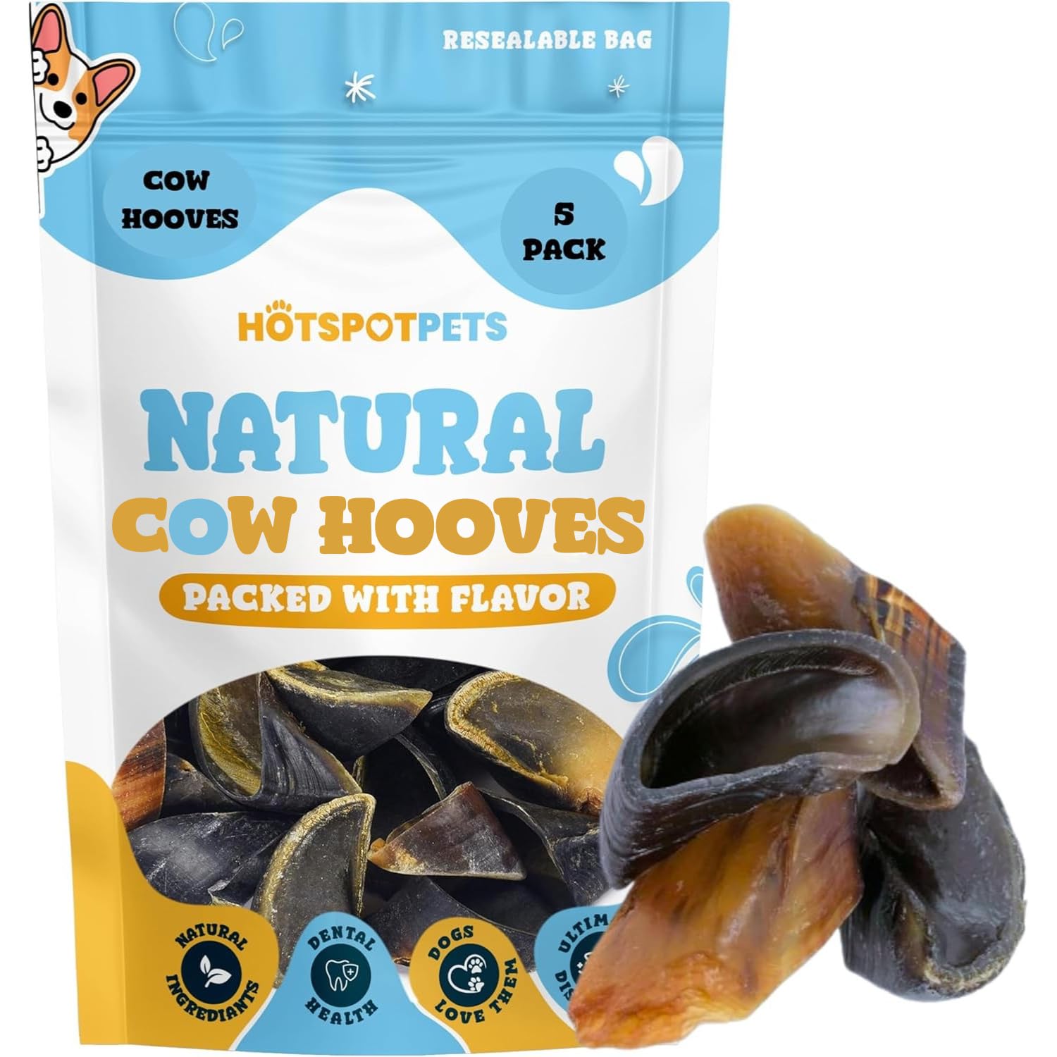 Full-Size Cow Hooves for Dogs | (5 Pack) All-Natural Long Lasting Dog Chews | Made from Grass Fed Cattle | Tasty Treat for Oral 