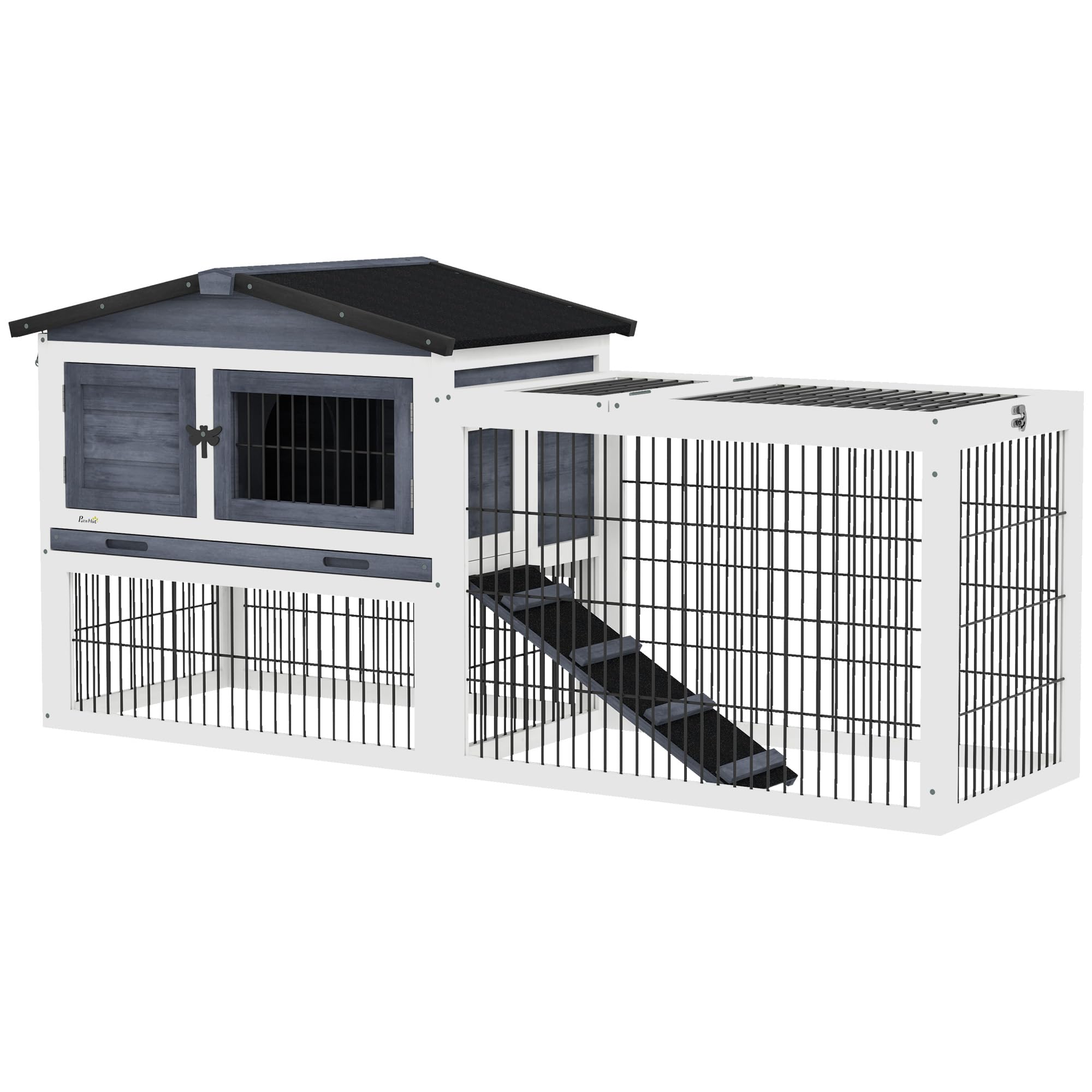 Pawhut 2 Levels Outdoor Rabbit Hutch With Openable Top, 59' Wooden Large Rabbit Cage With Run Weatherproof Roof, Removable Tray, Ramp, Dark Gray