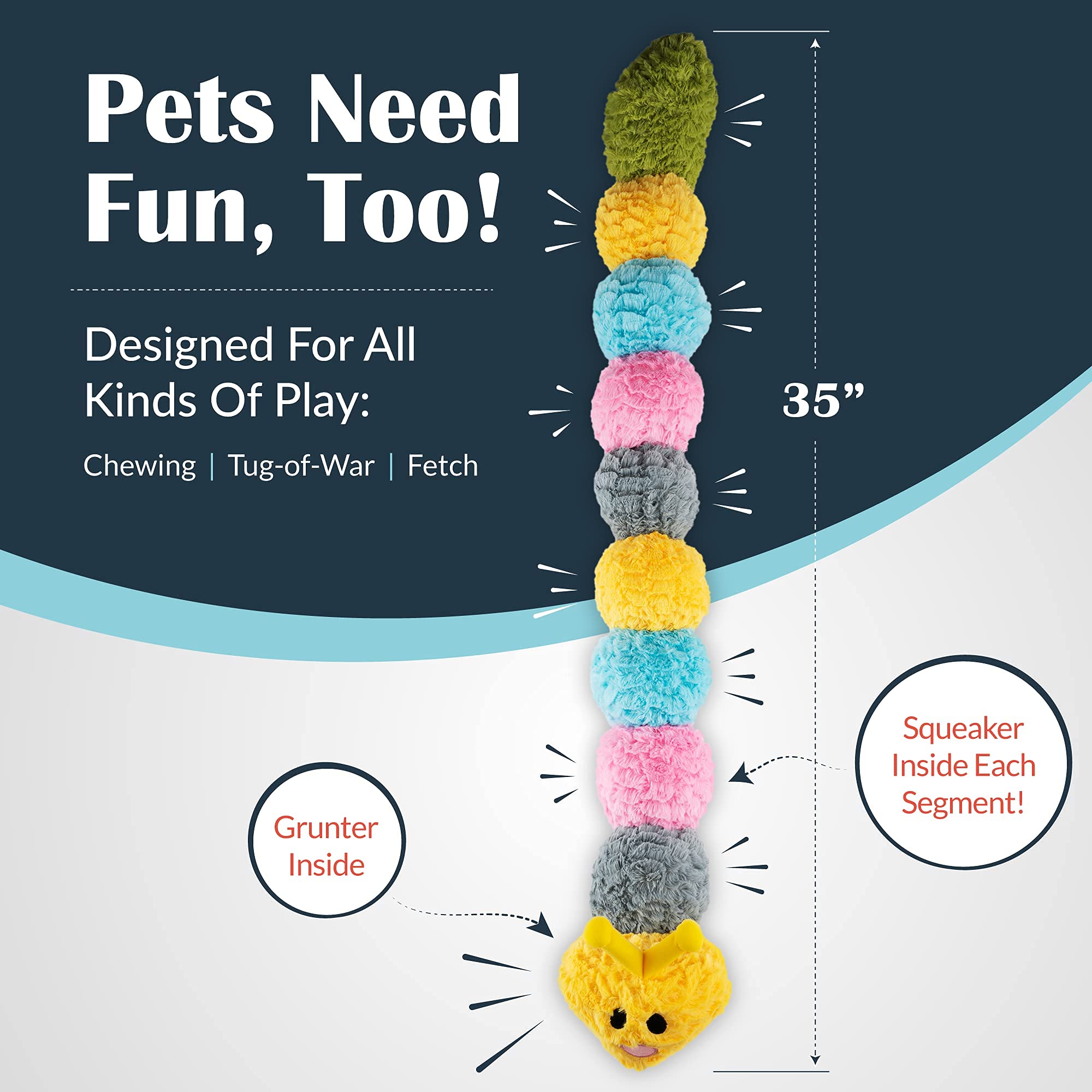Flourish Pets Tough Durable Dog Chew Toy With Squeaker And Rattle Covered With Double Stitched Soft Fabric Exterior Squeaky Indestructible Dog Toy For Aggressive Chewers - Large Catterpillar (35')