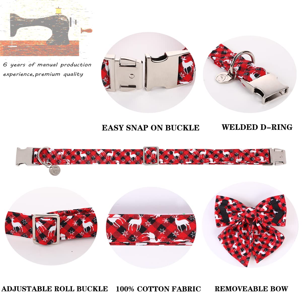 Dogwong Christmas Dog Collar With Sailor Bow, Red Plaid Deer Dog Collar Soft Durable Adjustable Cotton Puppy Collar For Small Me