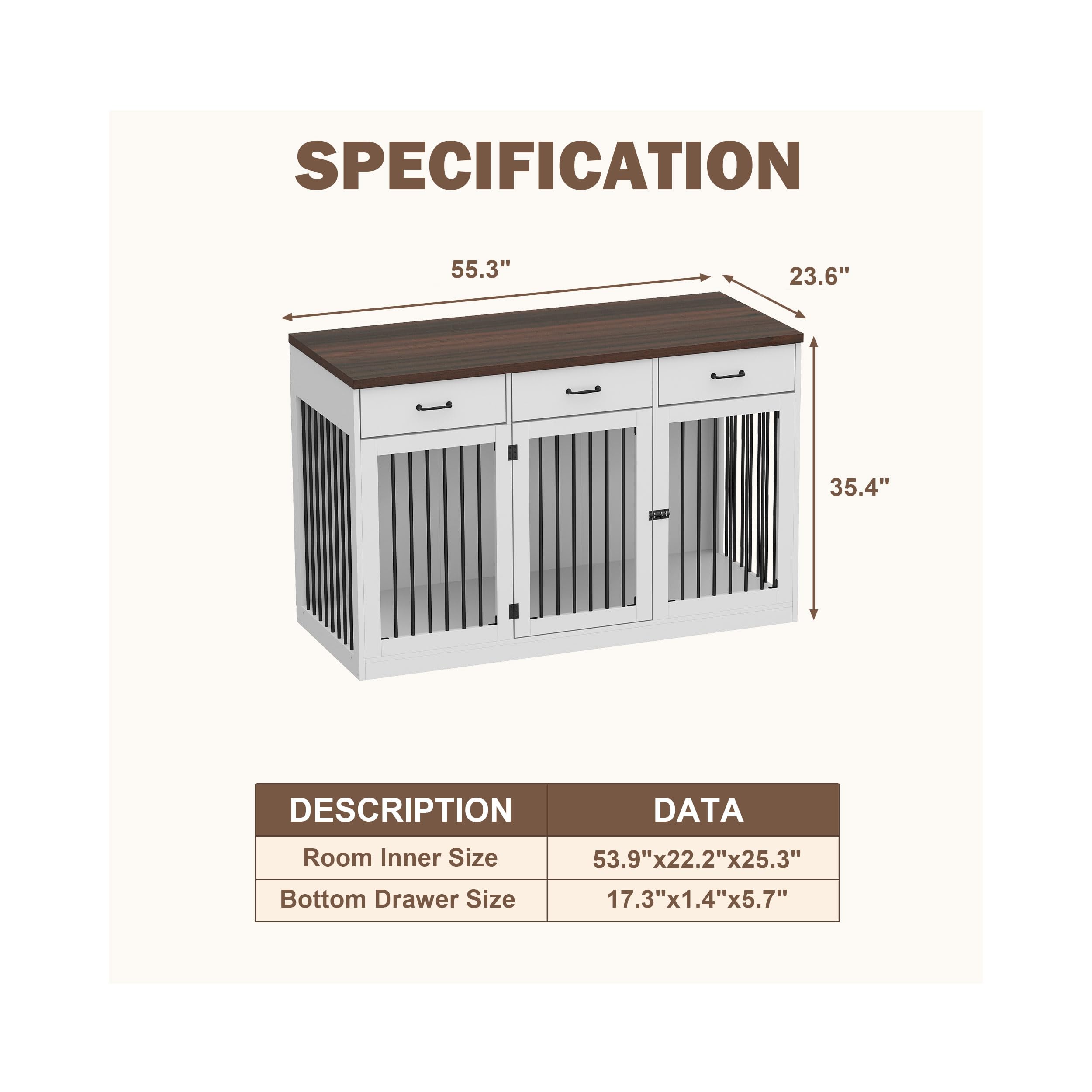 PIAOMTIEE 55.3  Extra Large Dog Crate Furniture, Indoor Heavy Duty Dog Kennel House with 3 Drawers, Modern Furniture Dog Crate S