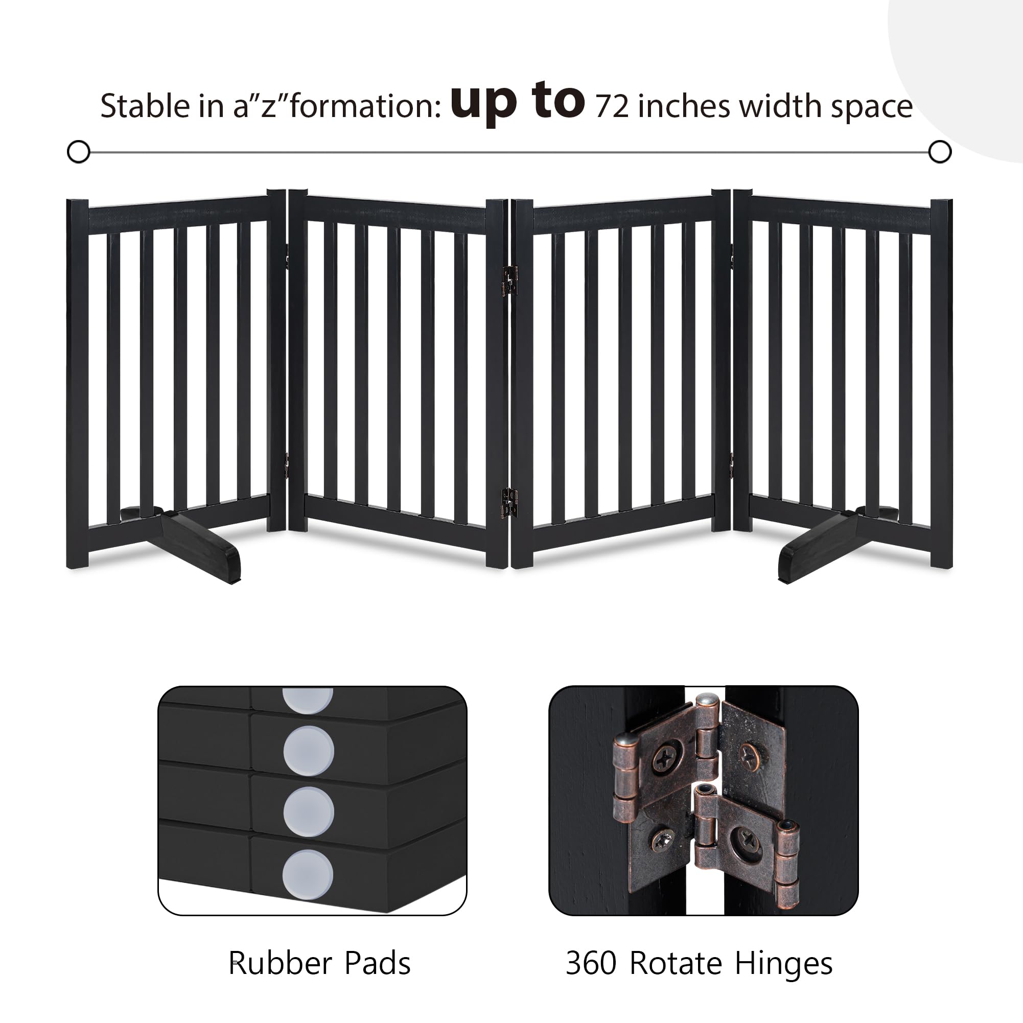 LZRS Freestanding Extra Wide Dog Gate 30 inch Tall - 4 Panels Solid Wooden Pet Gate for Doorways, Stairs, Hallways,Kitchens& Lon