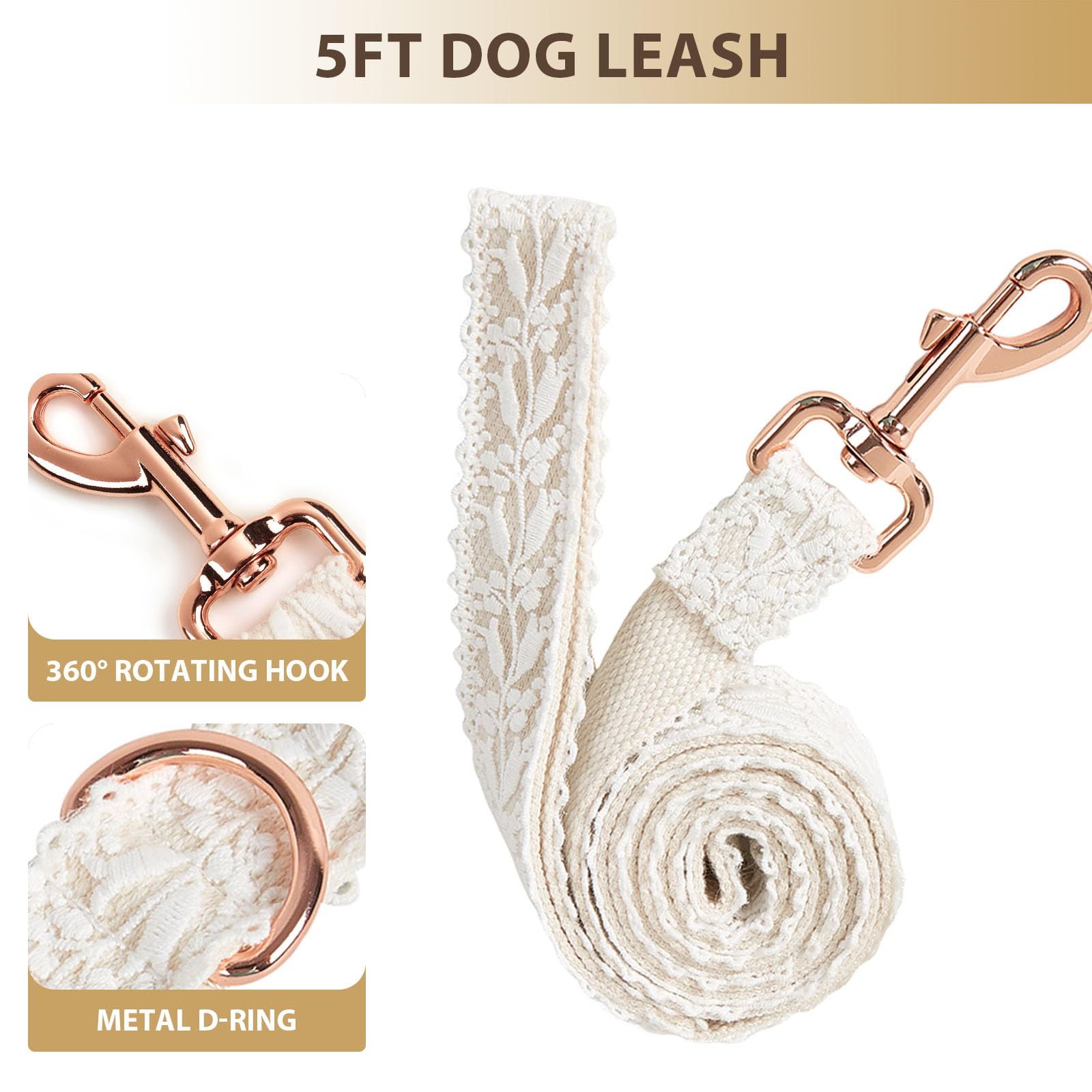 Hqrea Beige Dog Collar And Leash Set Adjustable Lace Dog Collar For Large Dogs With Flowers & Rose Gold Metal Clasp For Pet Wedd
