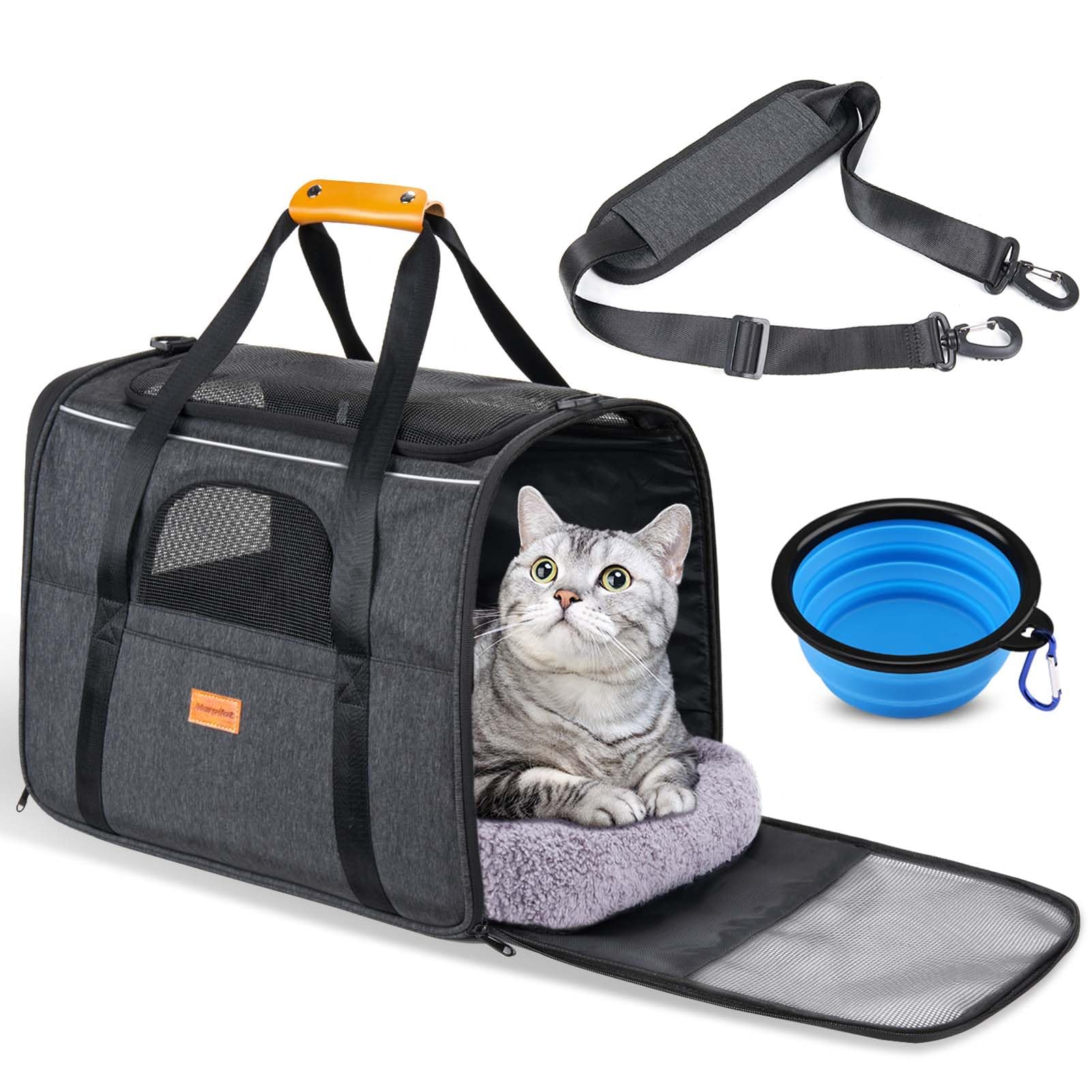 Morpilot Cat Carrier - Soft Sided Cat Carrier Large For Big Medium Cats And Puppy Up To 15Lbs, Pet Carrier With Safety Zippers, Foldable Bowl, Airline Approved Large Cat Carrier - Dark Gray