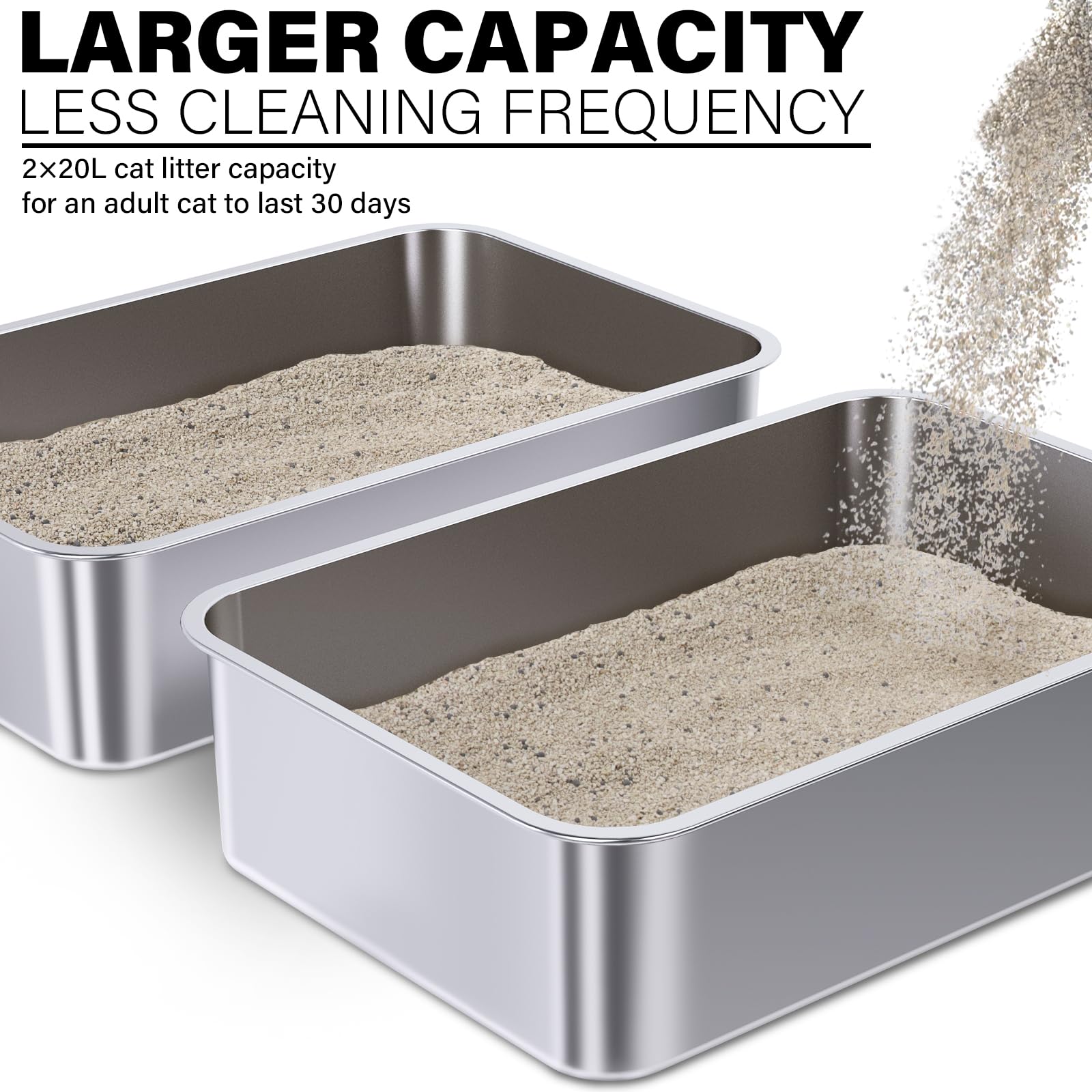 Holintan Stainless Steel Litter Box 2 Pack, 23.6'' X 15.7'' X 6'' Steel Litter Box Xl No Smell, Extra Large Metal Litterbox For