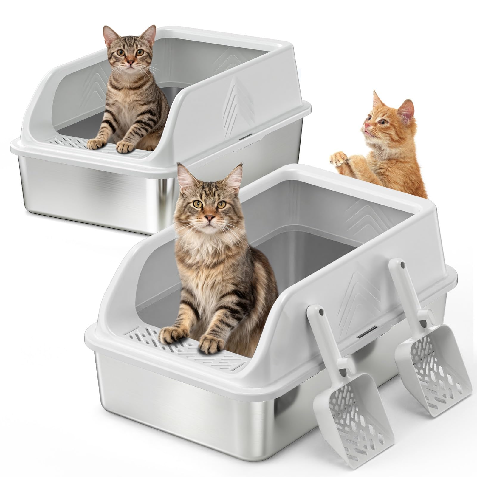 Stainless Steel Litter Box, 2 Pack XL Metal Cat Litter Boxes with Lid High Sided Enclosed for Big Cat and Multiple Cats, Anti-Ur