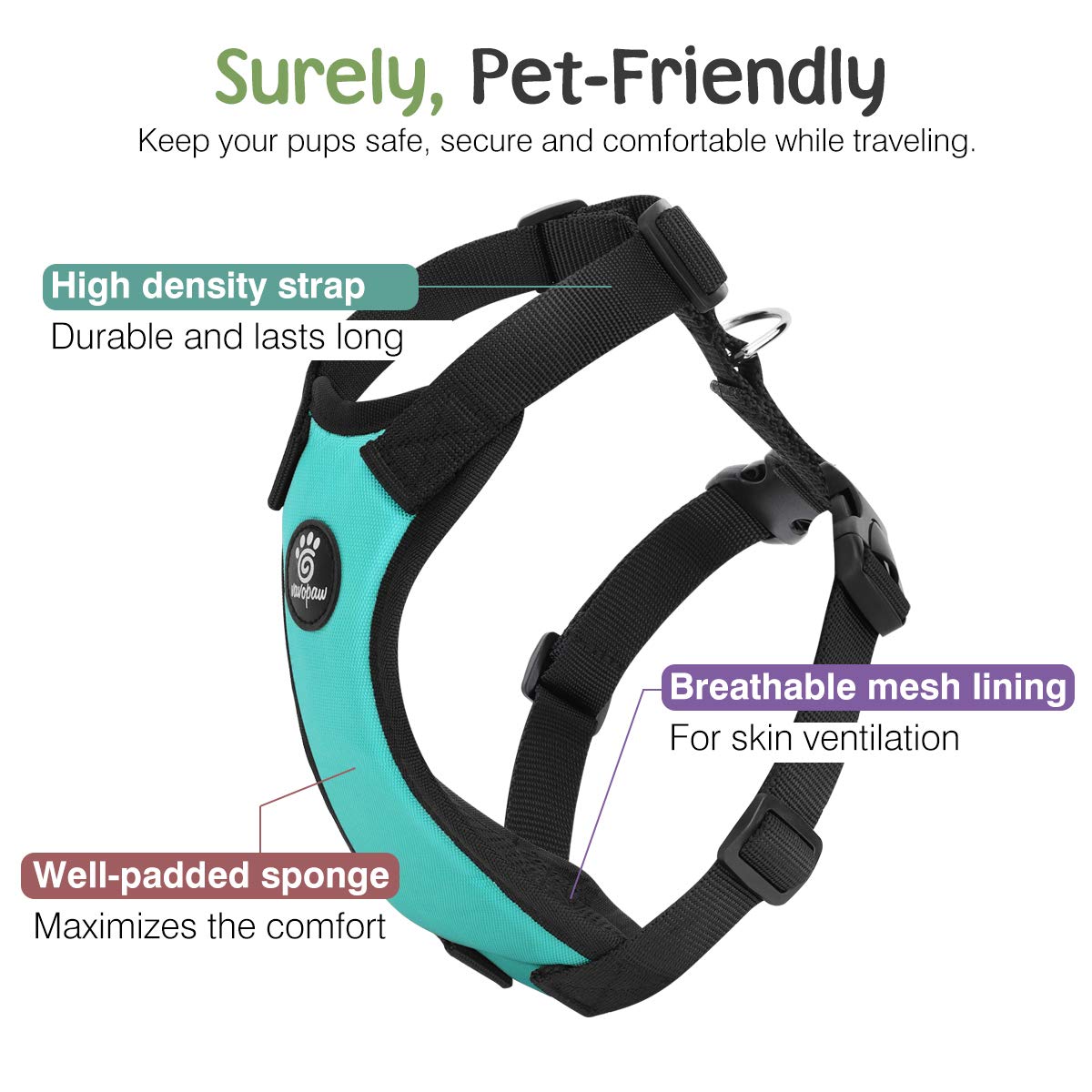 Vavopaw Dog Vehicle Safety Vest Harness, Adjustable Soft Padded Mesh Car Seat Belt Leash Harness With Travel Strap And Carabiner For Most Cars, Large Size, Blue