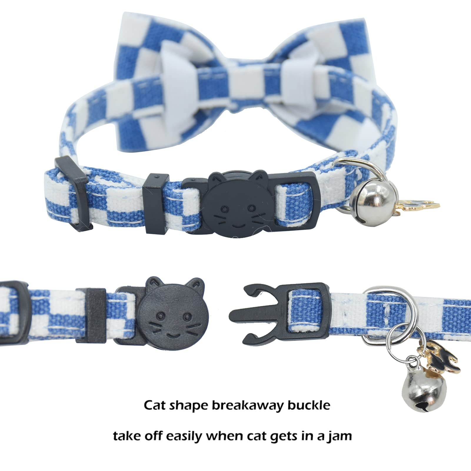 Bowtie Cat Collars Breakaway With Bell, Adjustable Cute Kitty Collars Safety Buckle Kitten Collar For Cat Puppy 7.5-11In (Blue P