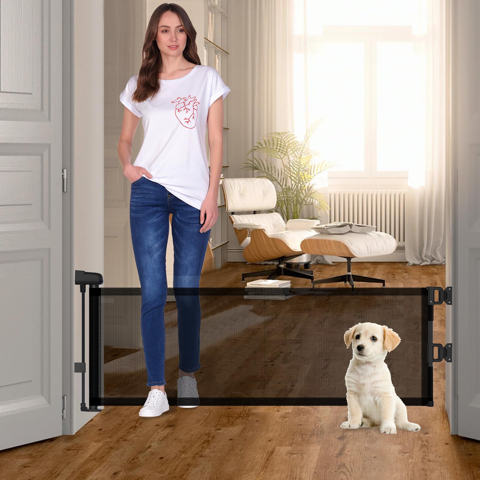 14  H Hideaway Short Dog Puppy Gate - Retractable Mesh Security Fence, Expands Up to 59 Inches - Ideal for Stairs & Doorways