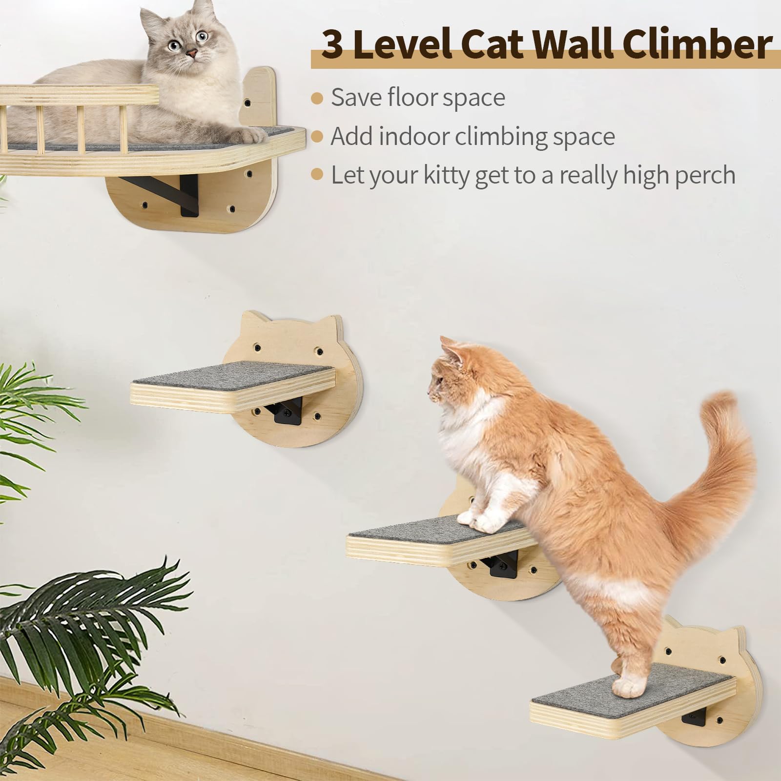 Cat Wall Shelves, Wood Cat Shelves And Perches With 3 Wall Steps Furniture Scratch Post, Burlywood Indoor Climbing Shelf For Liv