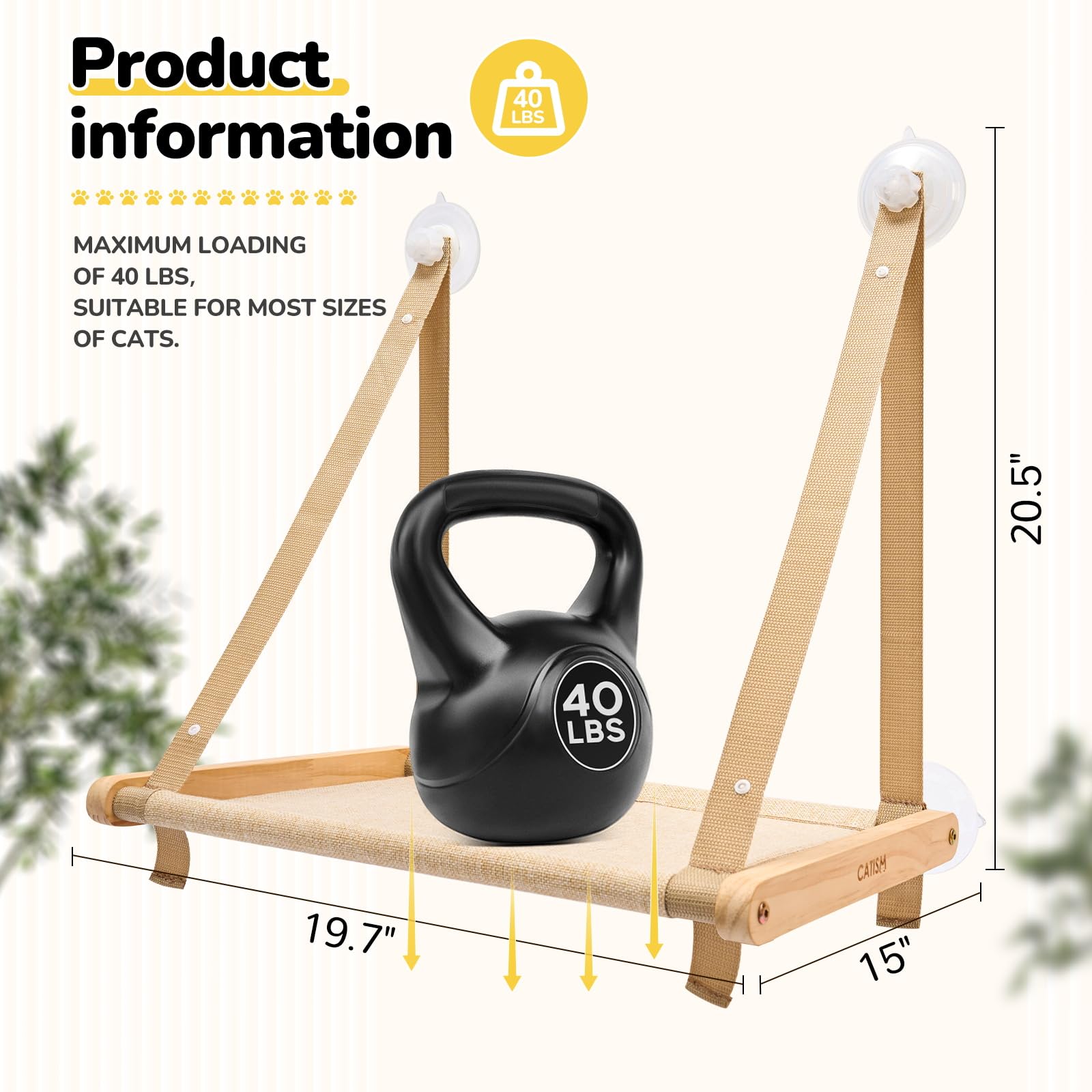 CATISM Cat Window Perch - Hammock - Window - Seat - Home - Cat Bed for Small to Medium Indoor Cats, Wooden Solid Structure, 4 Su