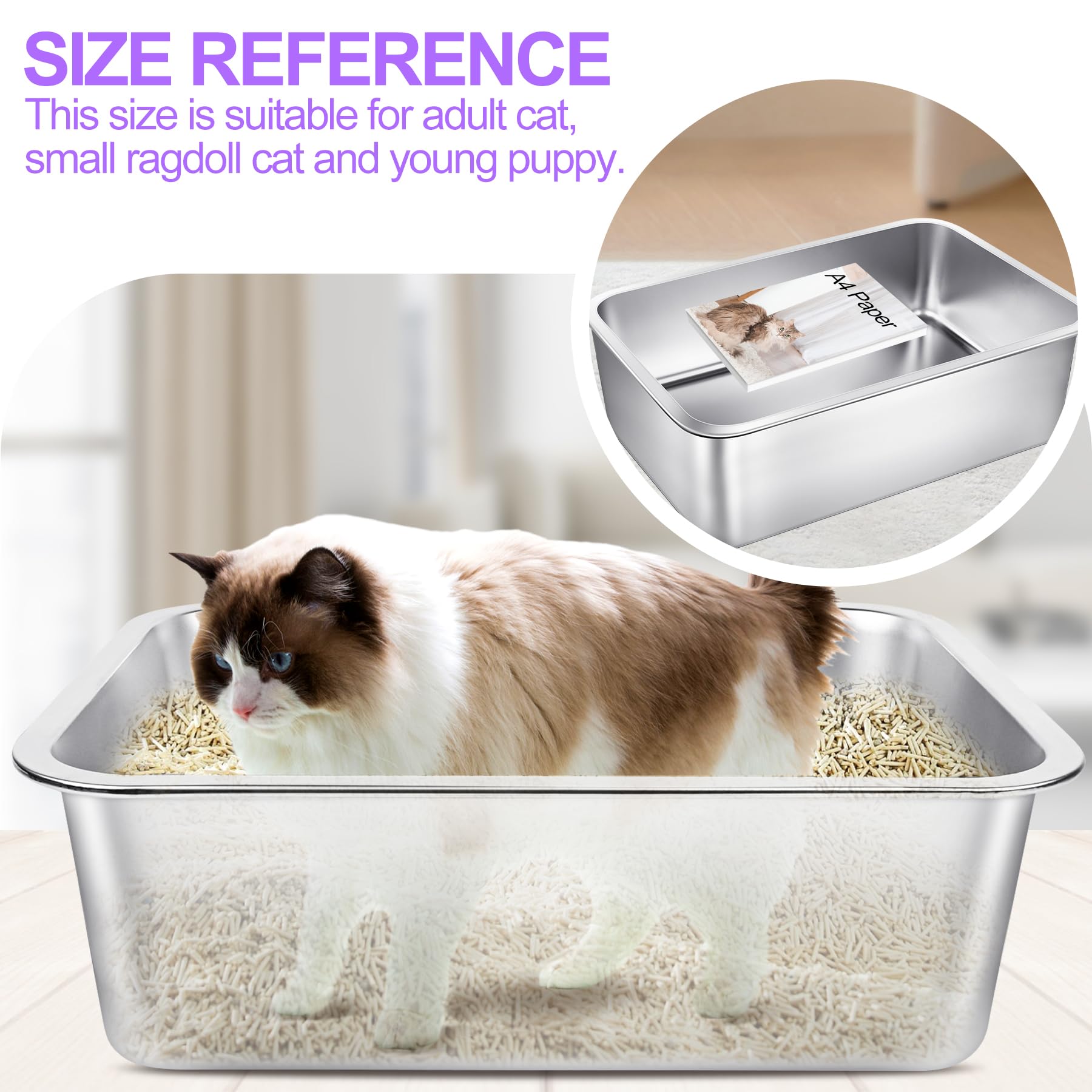 Phepetroll 3 Pack Stainless Steel Cat Litter Boxes 23.6''L X 15.7''W X 7.9''H Extra Large Metal Litter Boxes With High Sides Stu