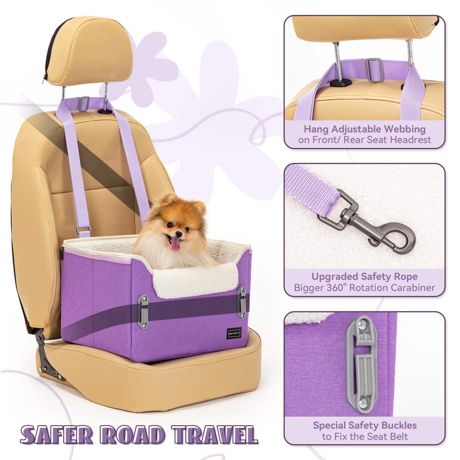 Petsfit Small Dog Car Seat, Puppy Portable Dog Booster Seat For Car With Clip-On Leash, Adjustable Straps Suitable For Small Pets Up To 25Lbs (Purple)