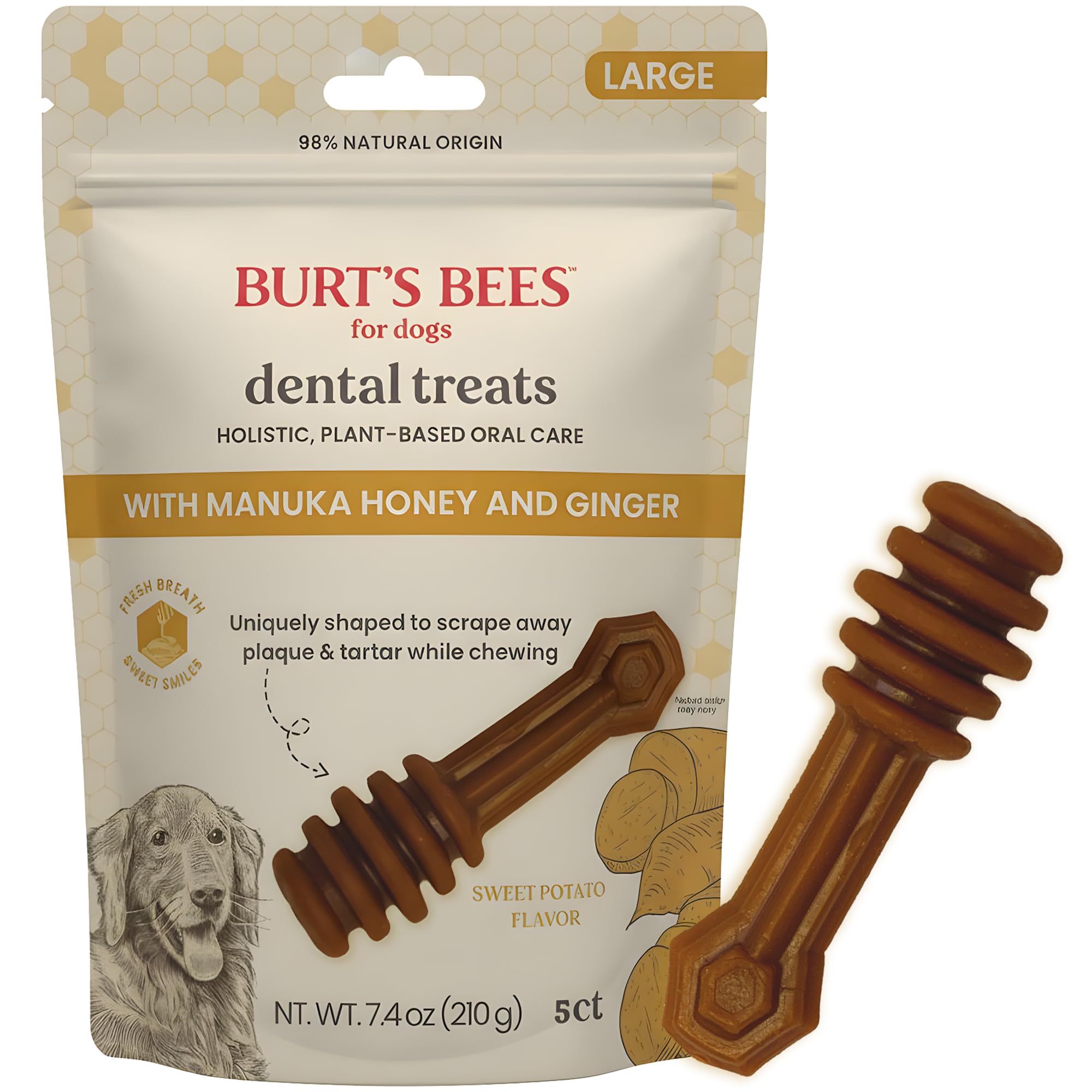 BURTS BEES FOR PETS Dental Treats for Dogs with Manuka Honey & Ginger, 98% Natural Origin, Holistic Oral Care, Freshens Breath,