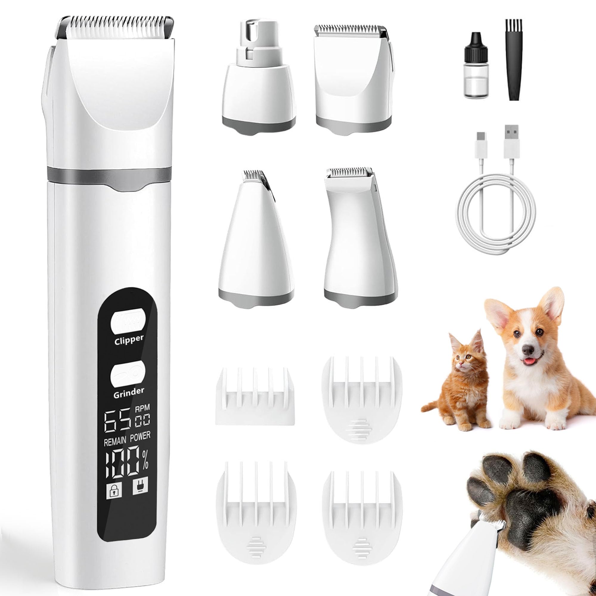 Dog Clippers for Grooming, 4 in 1 Dogs Paw Trimmer Pet Grooming Kit, Low Noise Dog Shavers with Nail Grinder Quiet, Rechargeable