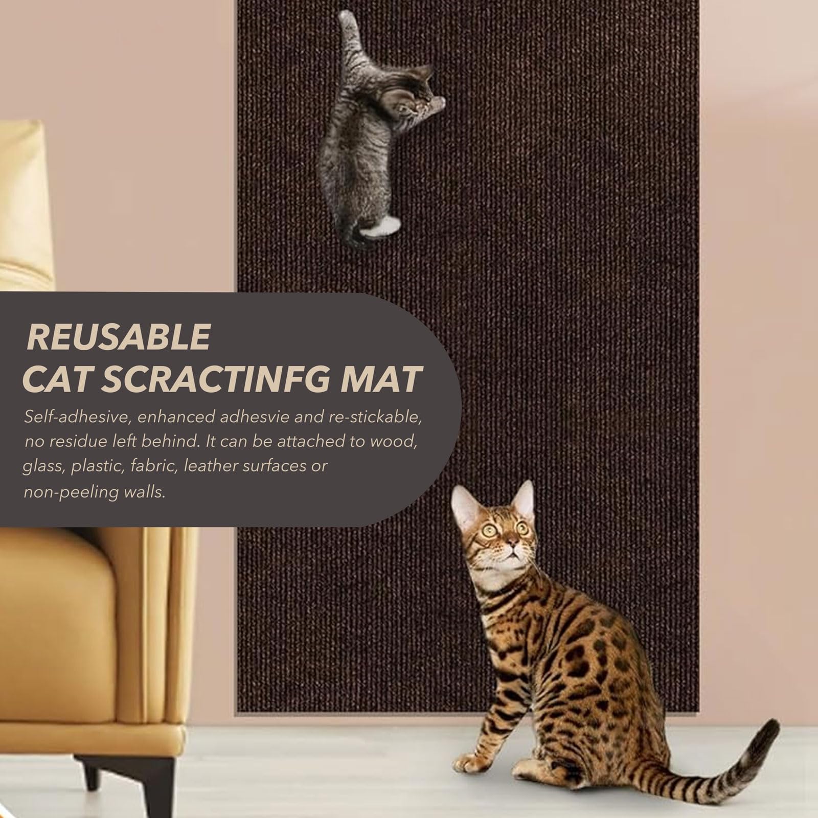 78.7X15.8 Cat Scratching Mat, Self-Adhesive Cat Scratch Carpet, DIY Cats Scratch Furniture Protector for Couch, Sofa, Wall & Doo